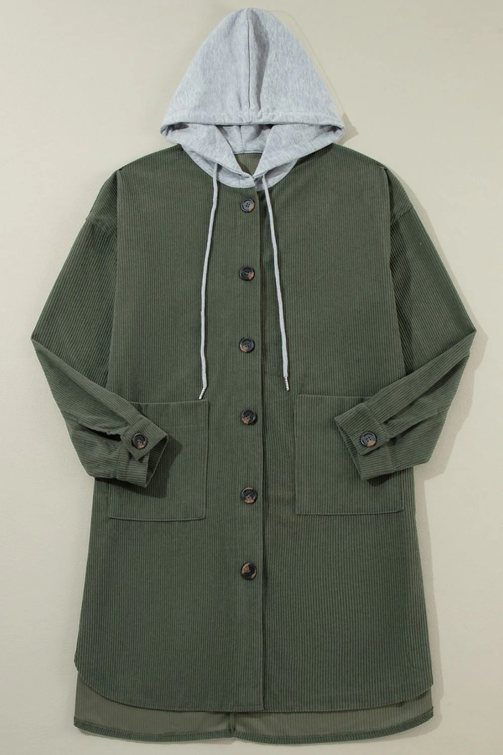 Drawstring Button Up Long Sleeve Hooded Jacket - Image 4