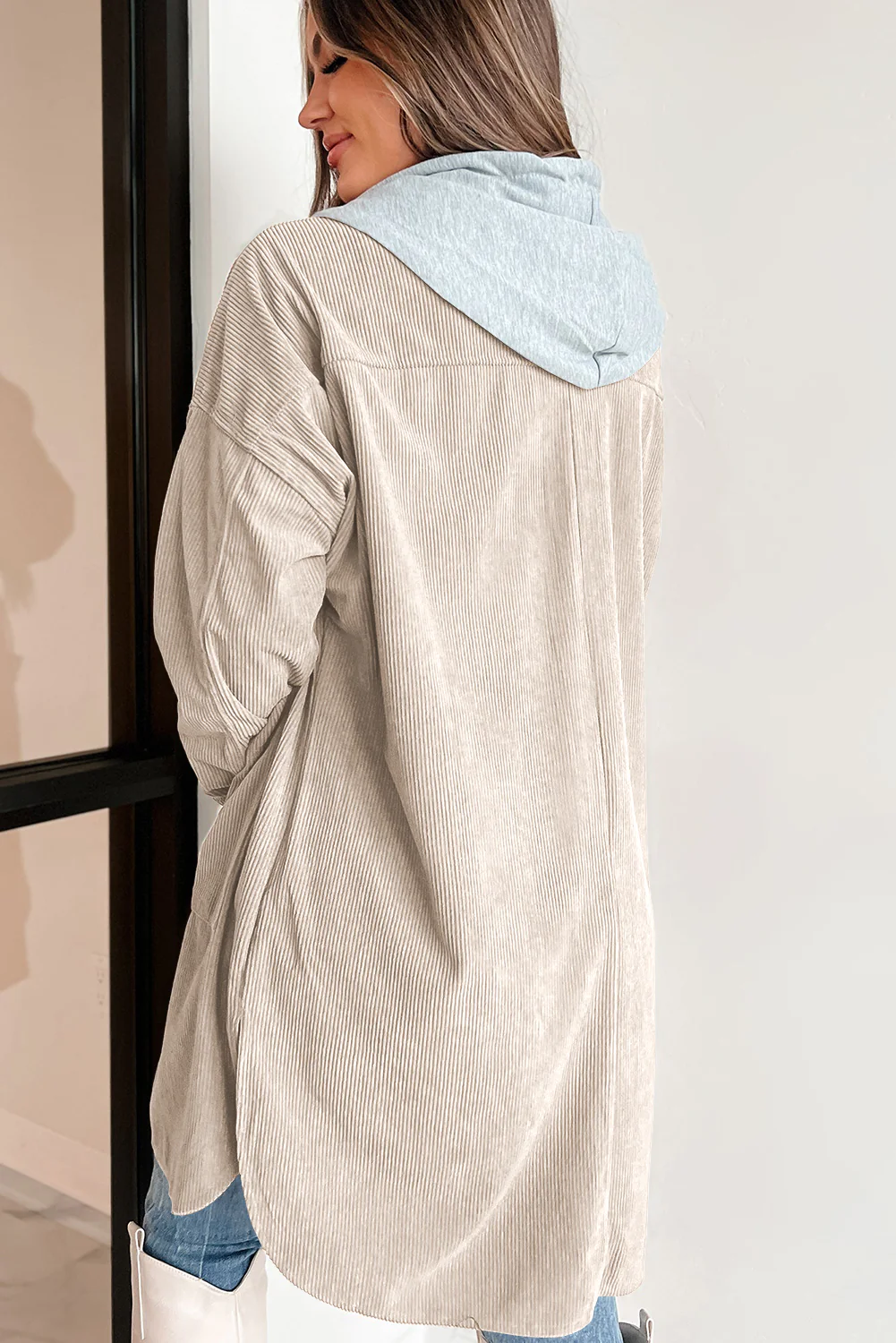 Drawstring Button Up Long Sleeve Hooded Jacket - Image 7