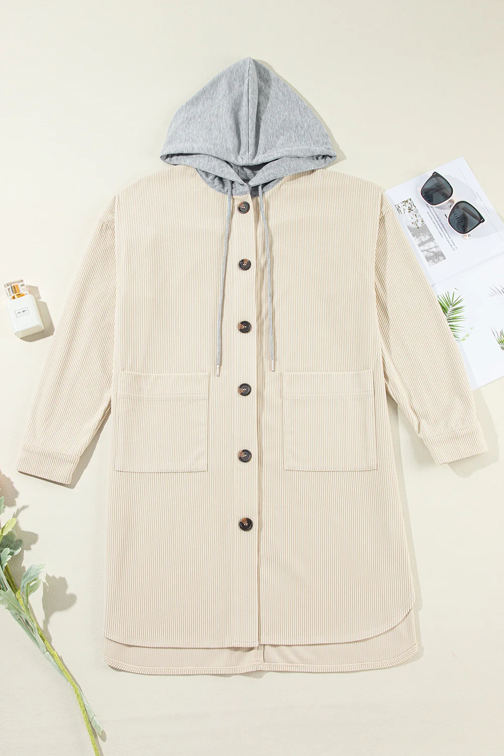 Drawstring Button Up Long Sleeve Hooded Jacket - Image 9
