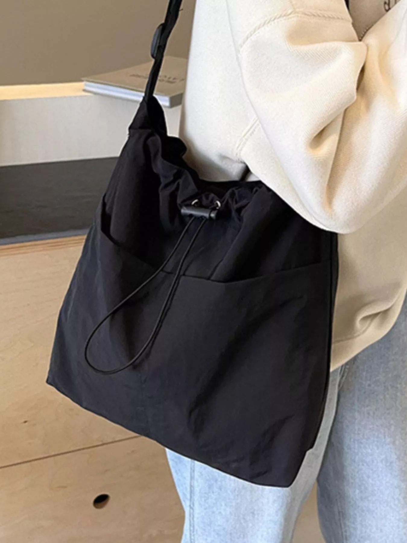 Drawstring Closure Canvas Crossbody Bag - Image 2