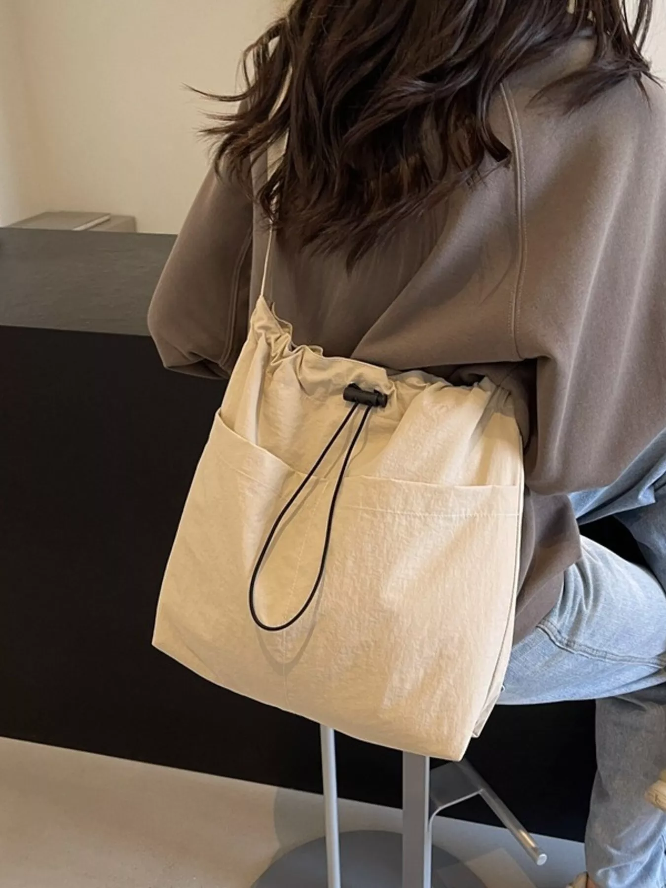Drawstring Closure Canvas Crossbody Bag - Image 4