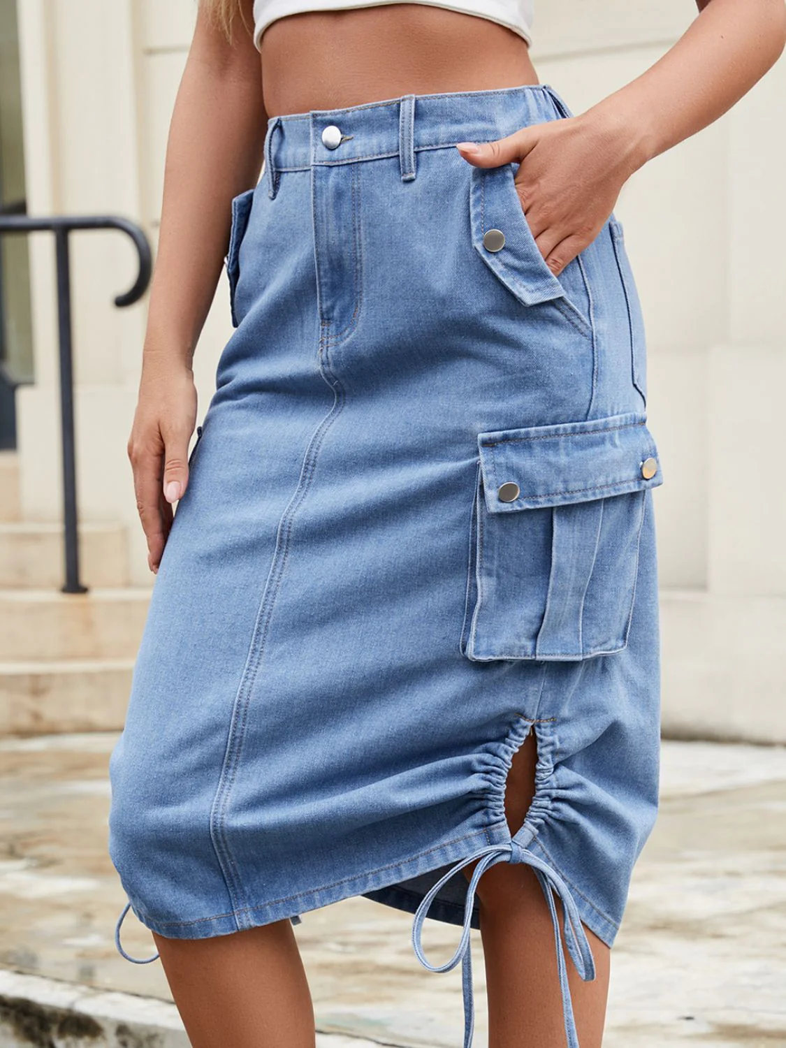 Drawstring Denim Skirt with Cargo Pockets - Image 2