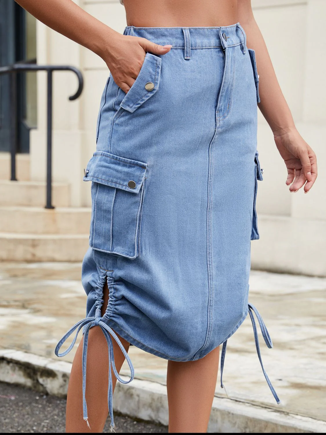 Drawstring Denim Skirt with Cargo Pockets - Image 4