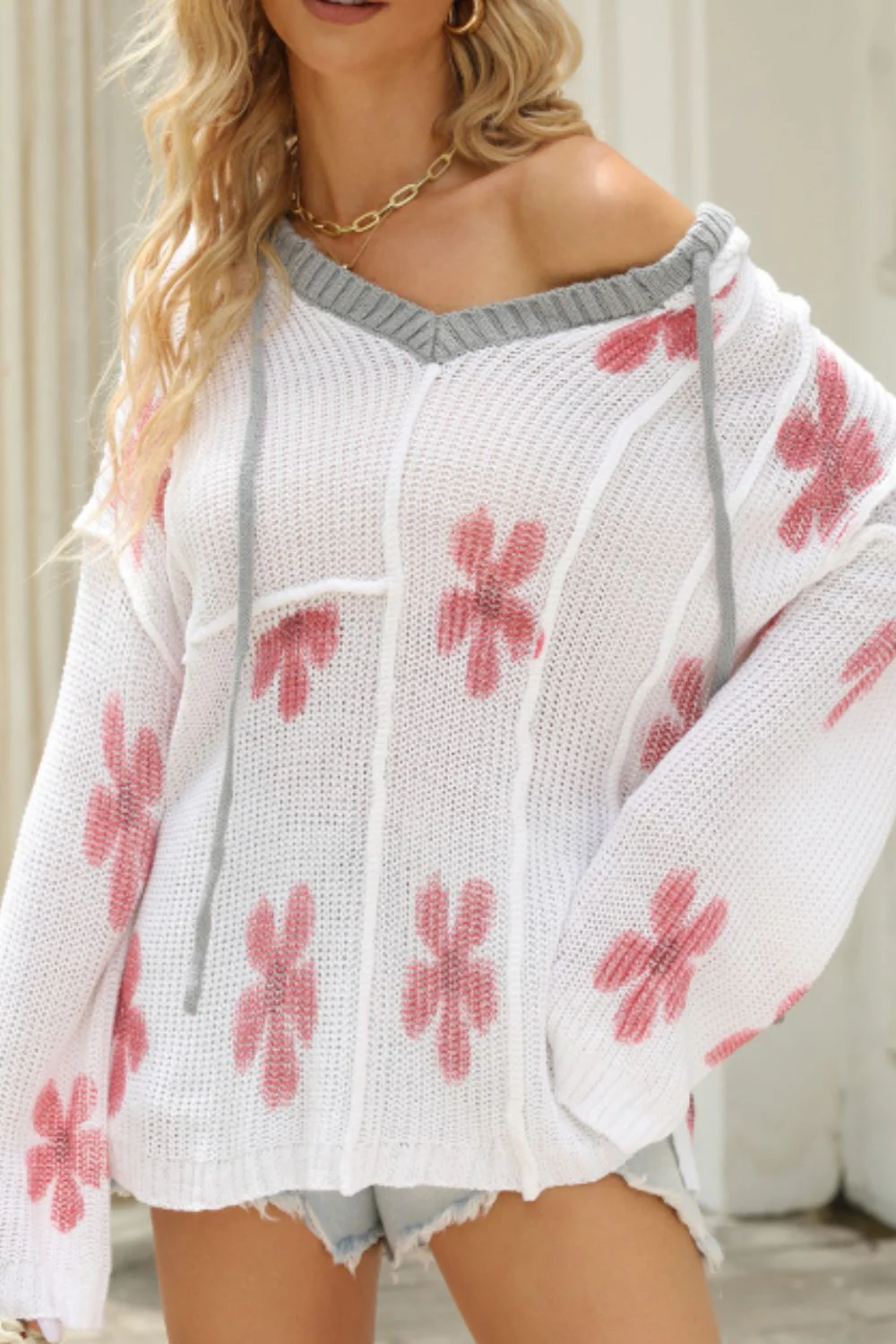 Drawstring Flower Hooded Knit Top - Image 2