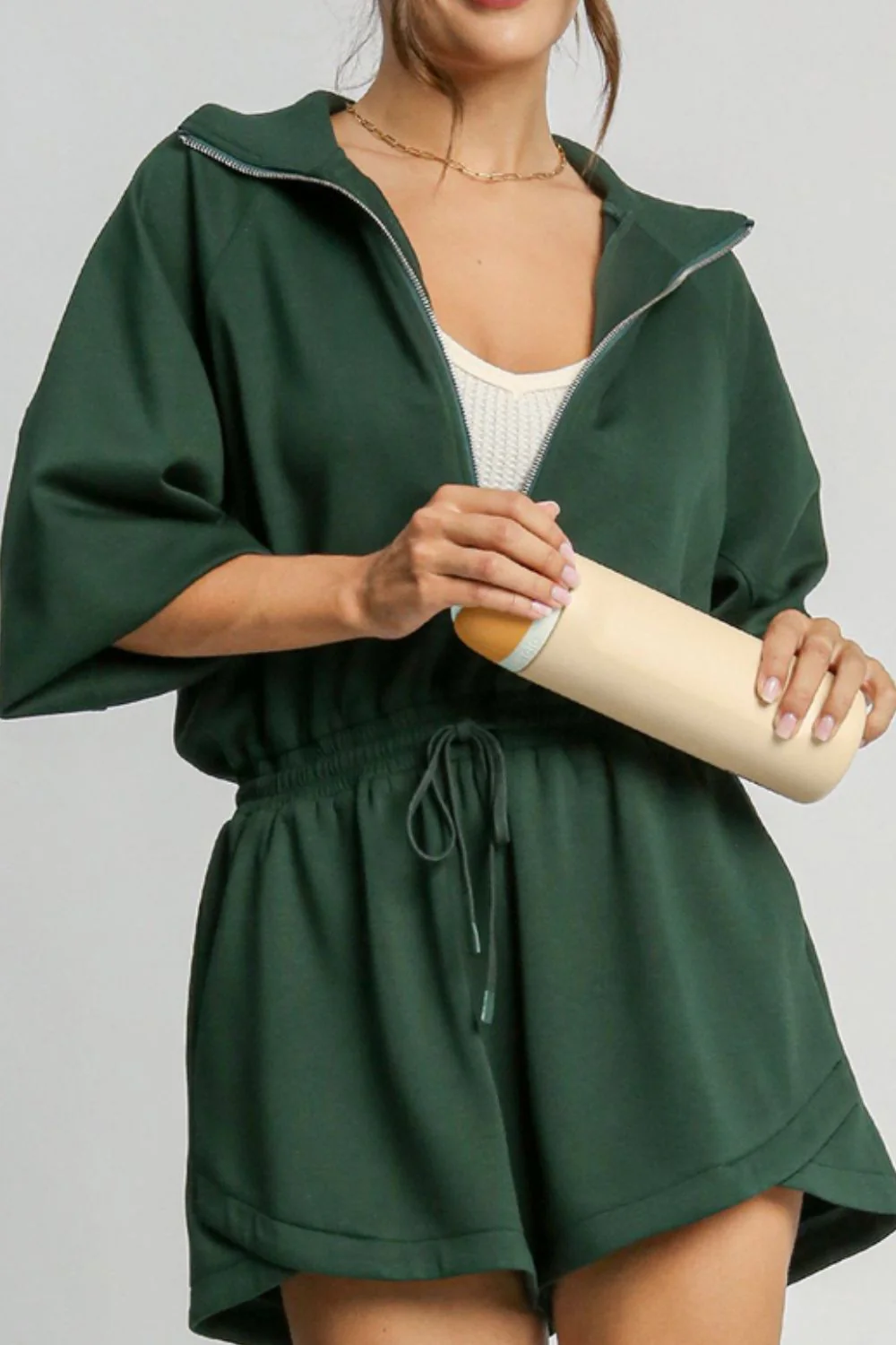 Drawstring Half Zip Long Sleeve Romper Set