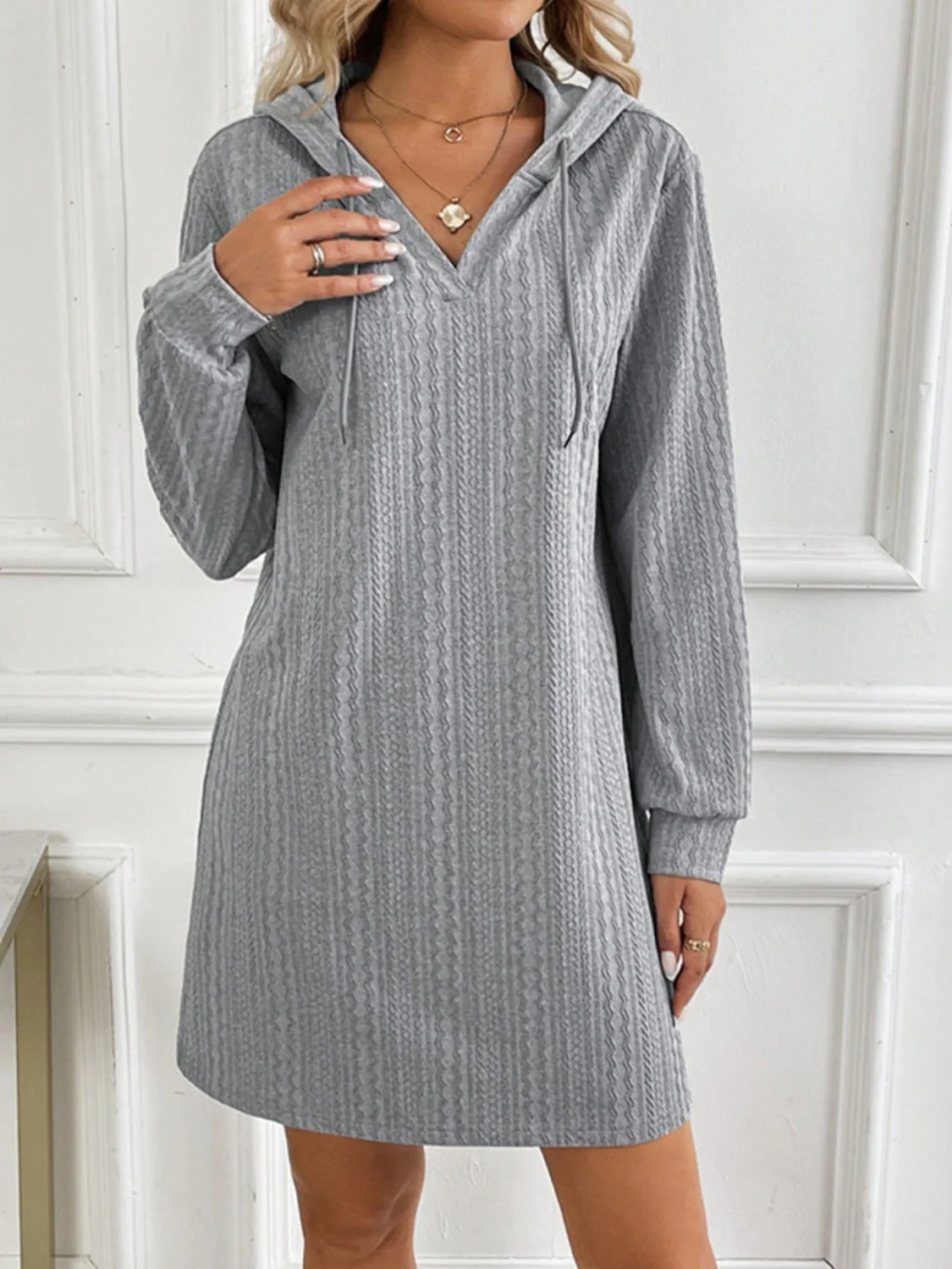 Drawstring Long Sleeve Hooded Mini Dress - Image 4