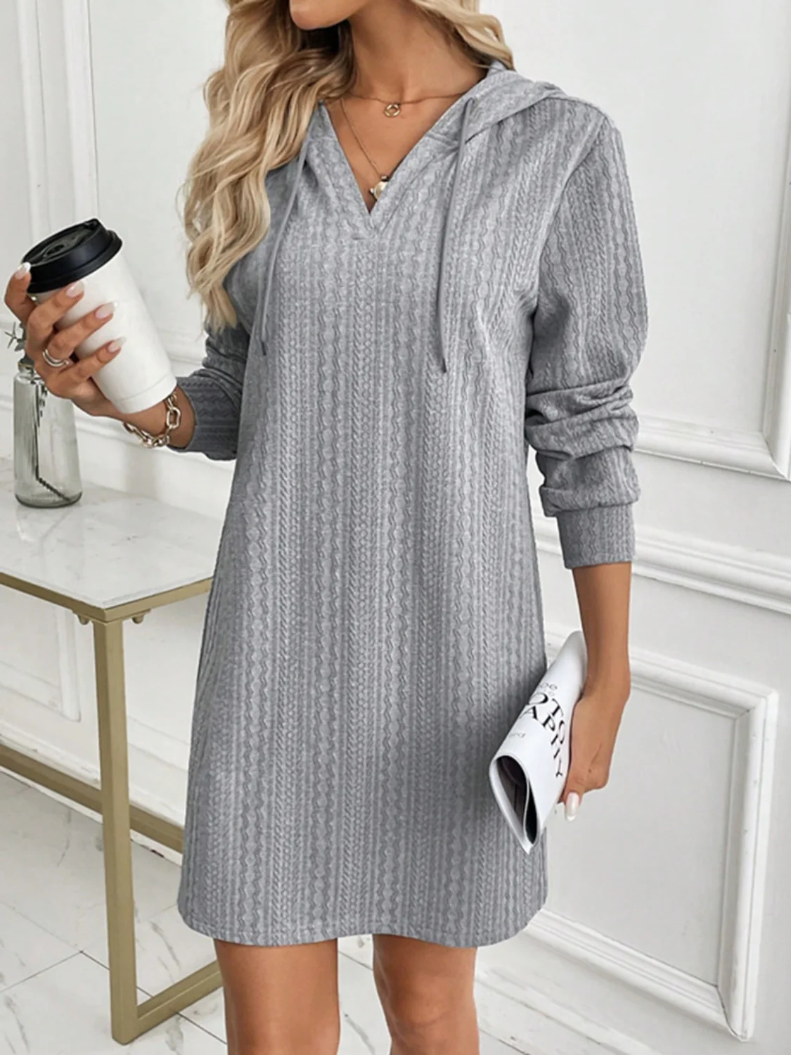 Drawstring Long Sleeve Hooded Mini Dress - Image 5