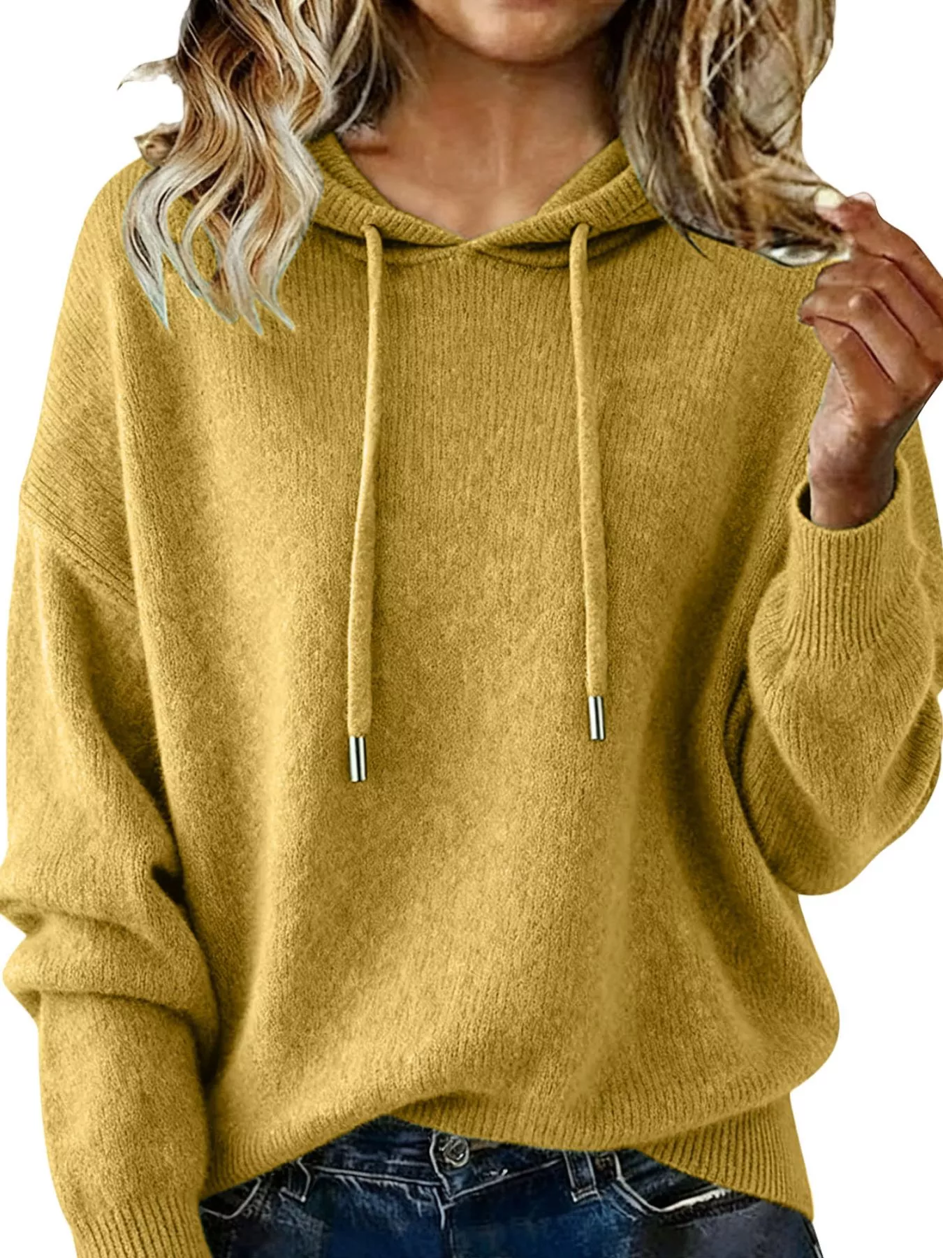 Drawstring Long Sleeve Hooded Sweater - Image 19