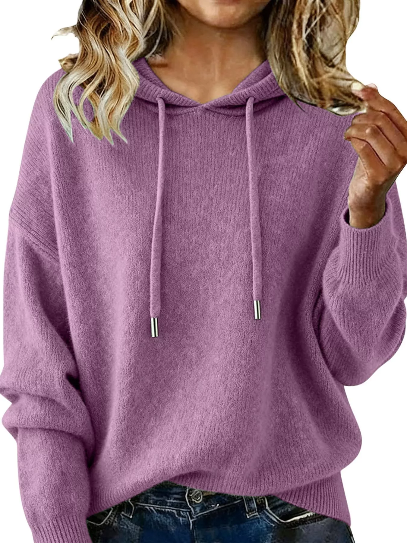 Drawstring Long Sleeve Hooded Sweater - Image 13