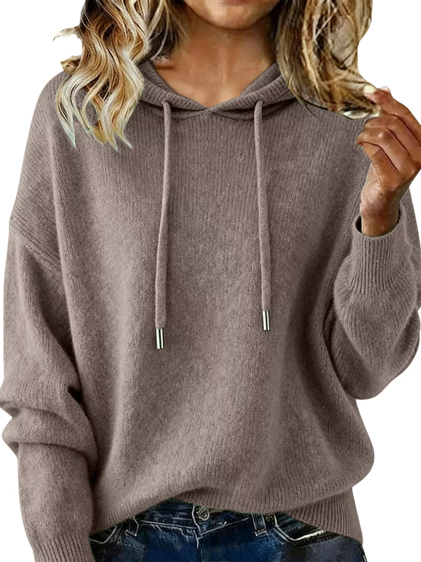Drawstring Long Sleeve Hooded Sweater - Image 28