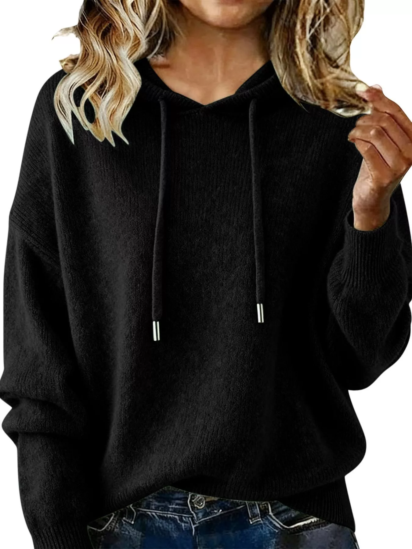 Drawstring Long Sleeve Hooded Sweater - Image 4