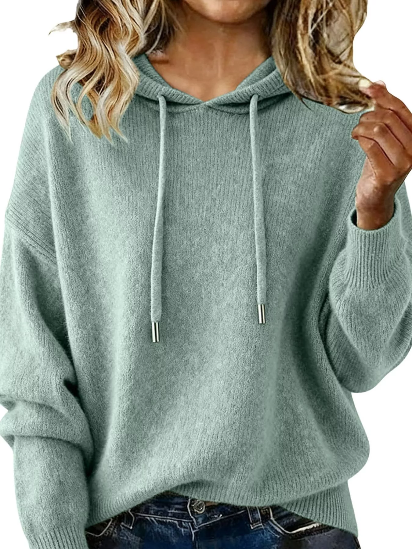 Drawstring Long Sleeve Hooded Sweater - Image 7