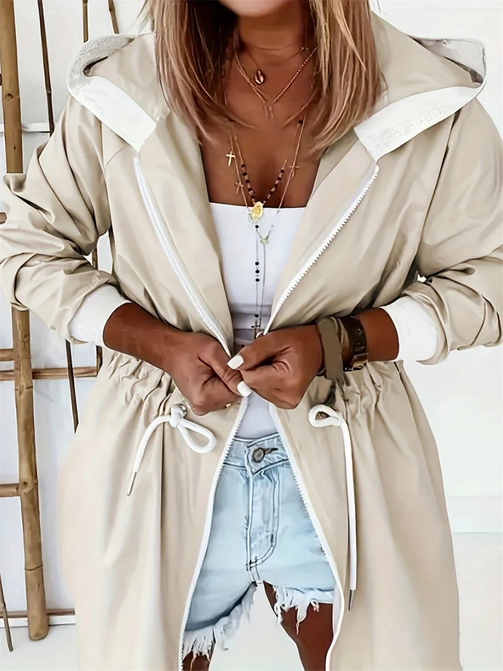 Drawstring Long Sleeve Hooded Trench Coat - Image 5