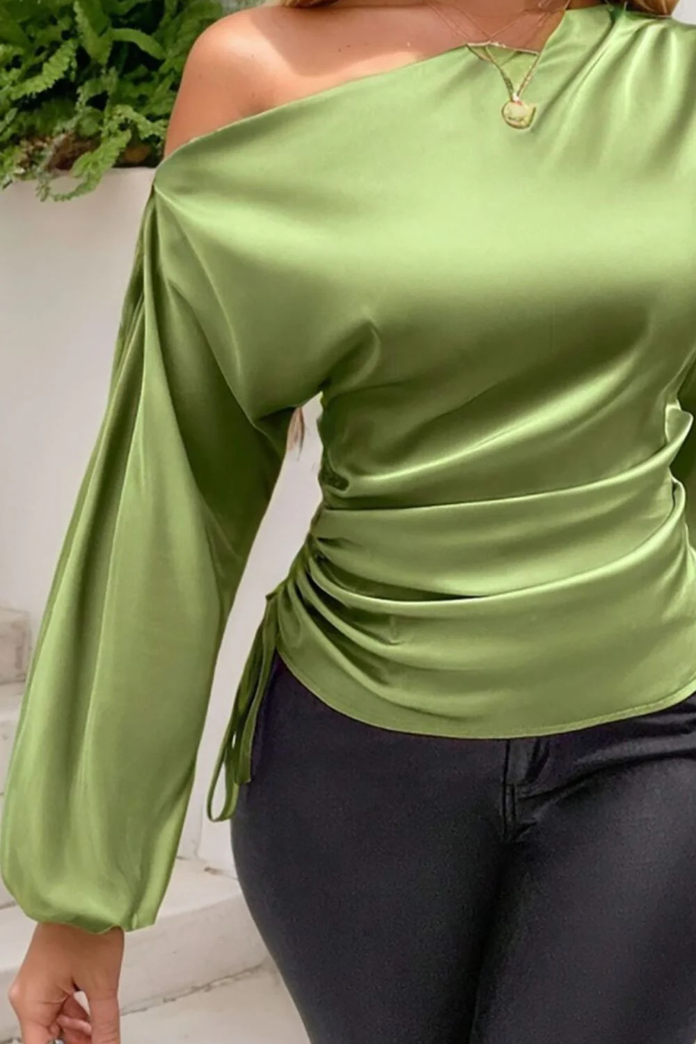 Drawstring One Shoulder Long Sleeve Blouse - Image 11