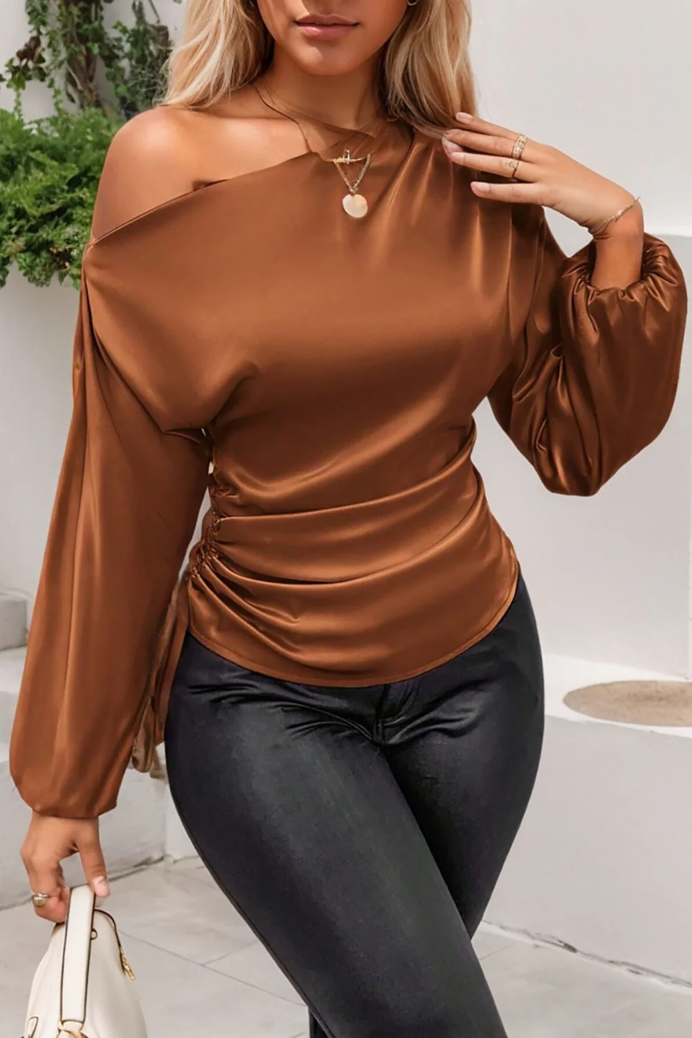 Drawstring One Shoulder Long Sleeve Blouse - Image 16
