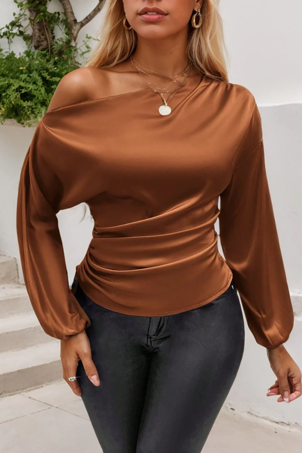 Drawstring One Shoulder Long Sleeve Blouse - Image 18