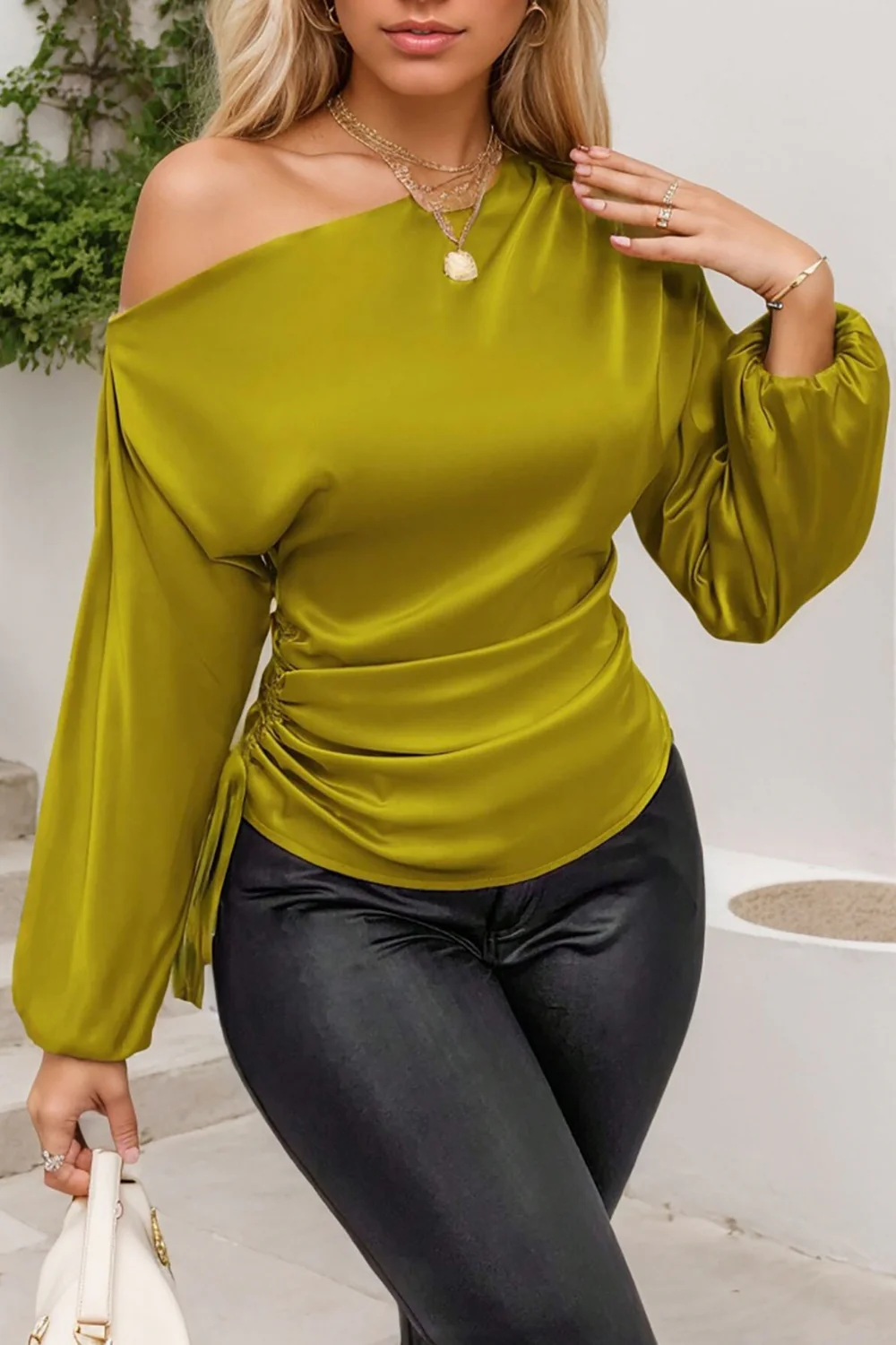 Drawstring One Shoulder Long Sleeve Blouse - Image 21