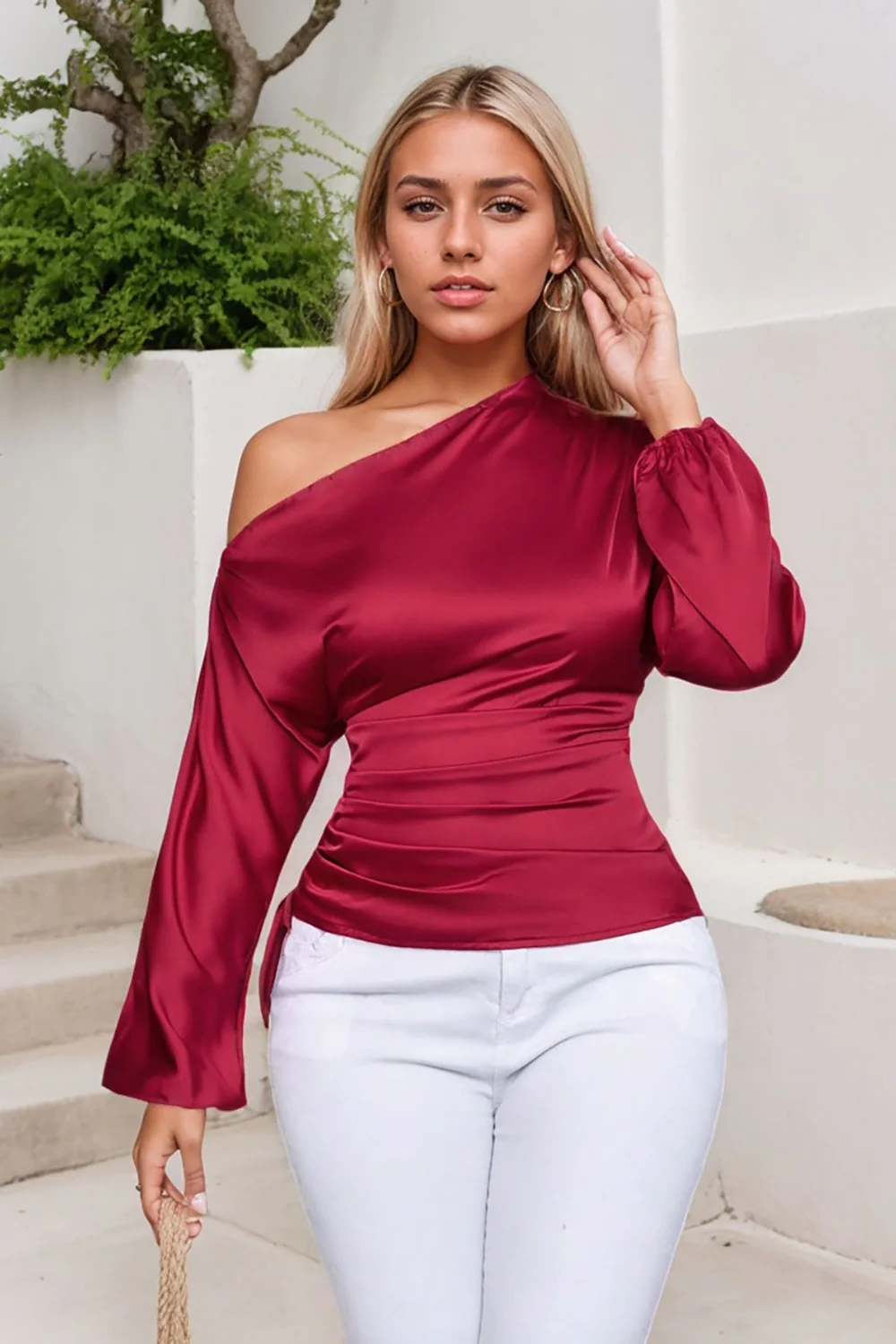 Drawstring One Shoulder Long Sleeve Blouse - Image 5