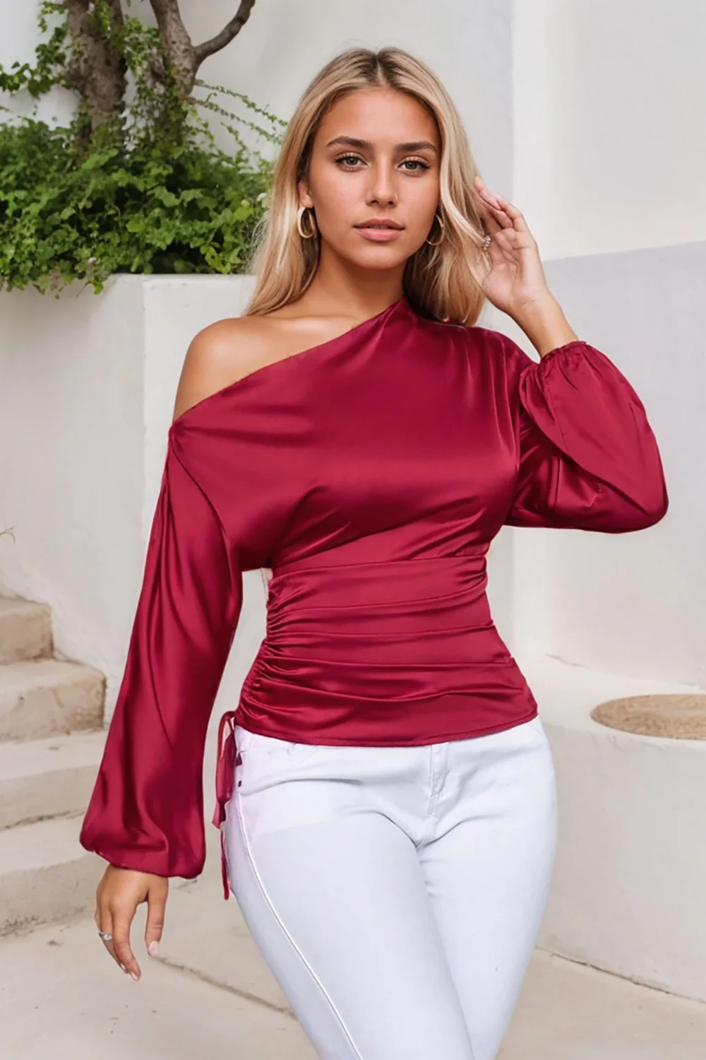 Drawstring One Shoulder Long Sleeve Blouse - Image 7