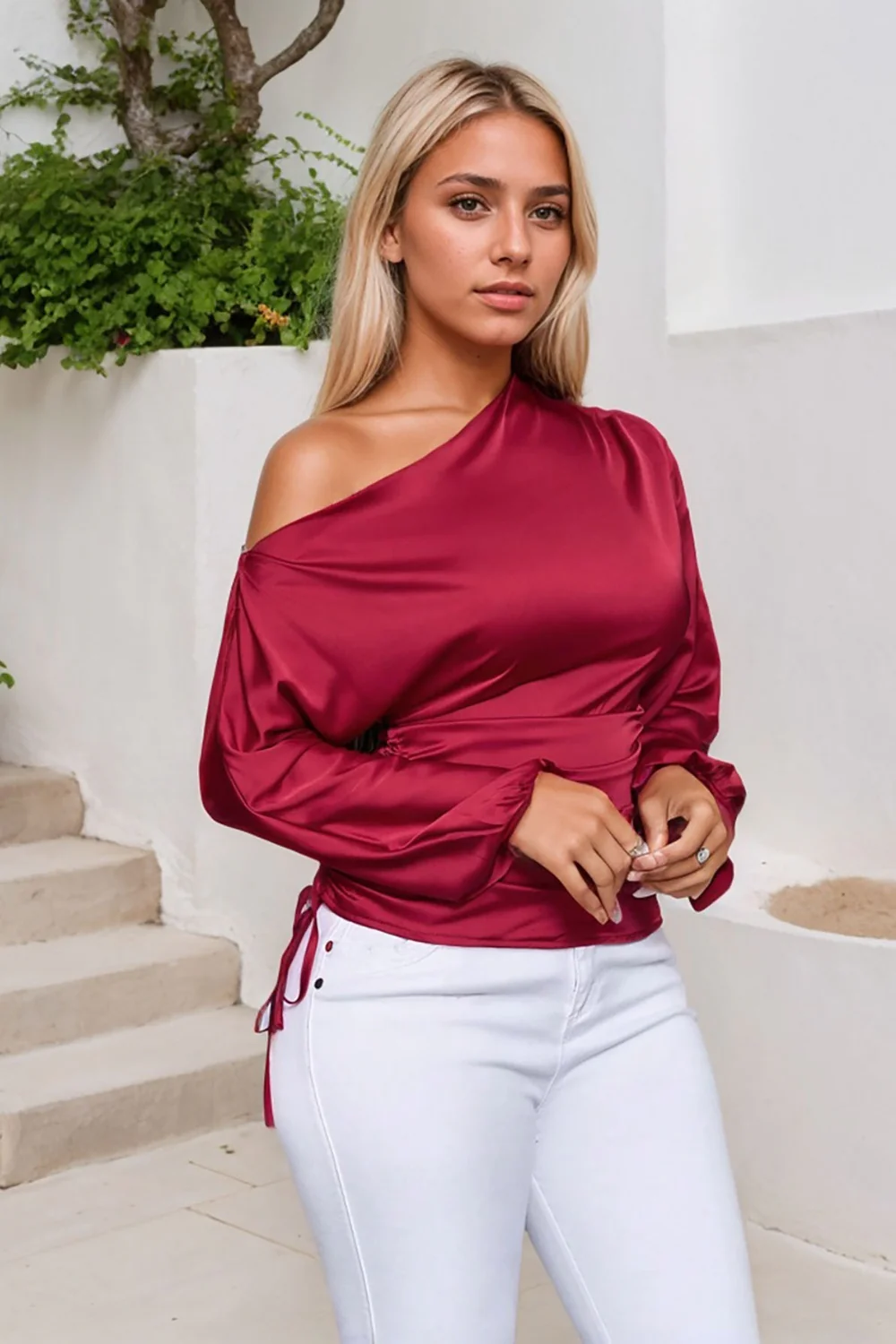 Drawstring One Shoulder Long Sleeve Blouse - Image 8