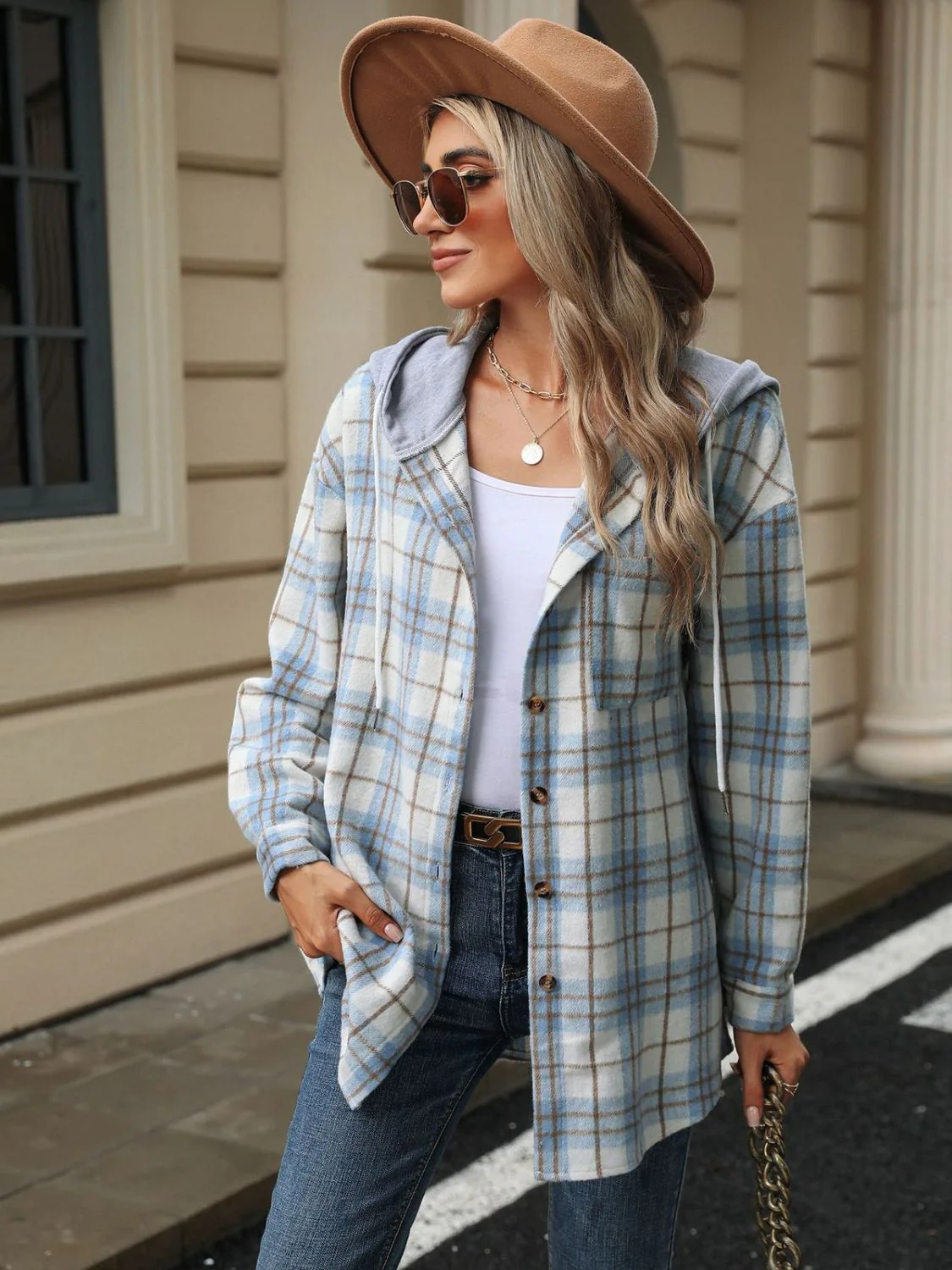 Drawstring Plaid Button Up Hooded Jacket - Image 15