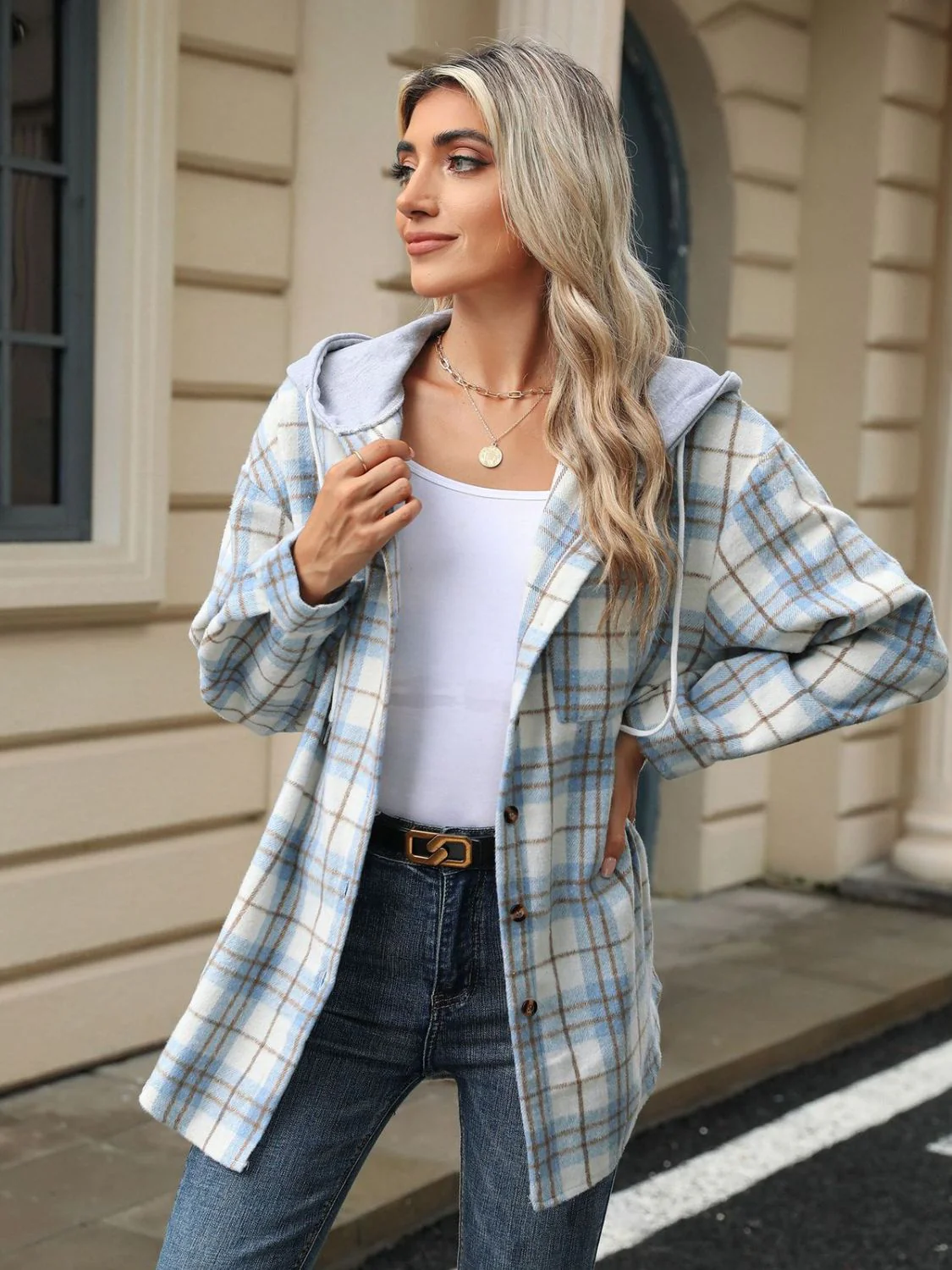 Drawstring Plaid Button Up Hooded Jacket - Image 17