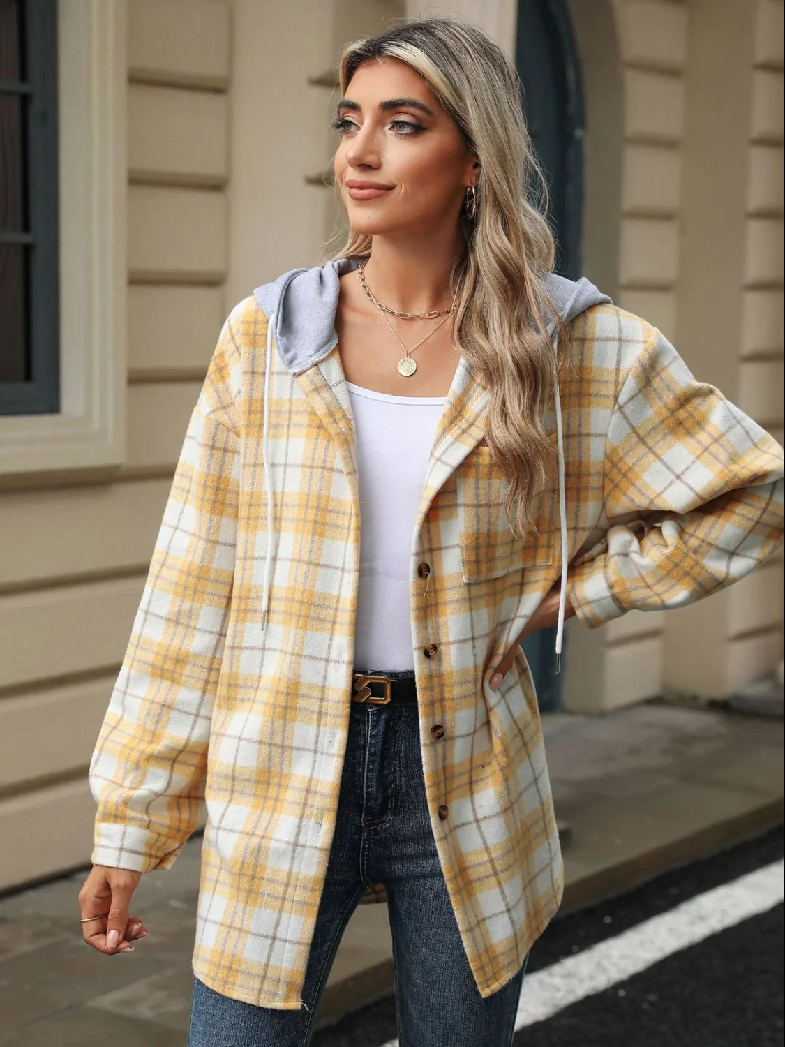 Drawstring Plaid Button Up Hooded Jacket - Image 9