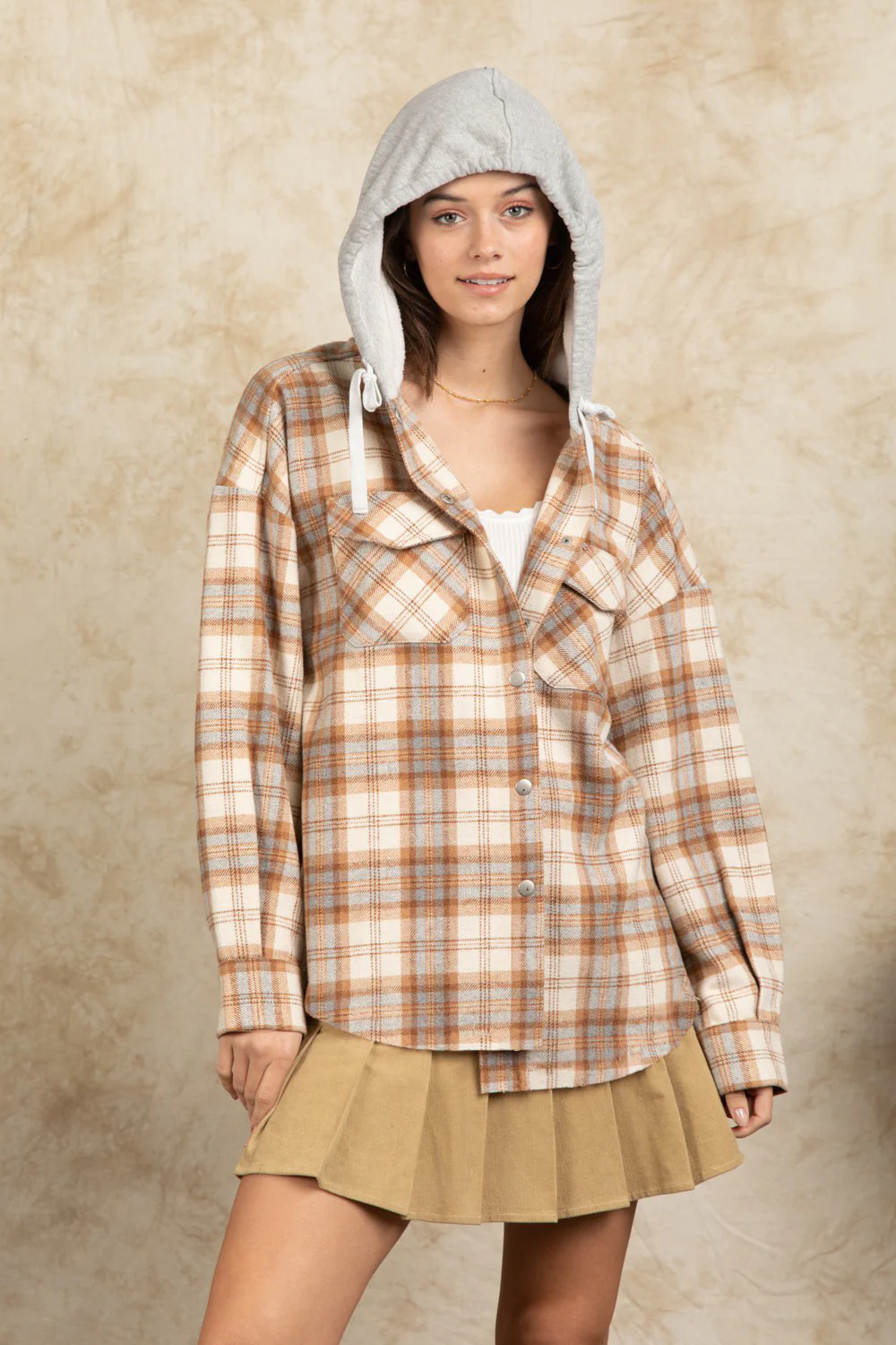 Drawstring Plaid Long Sleeve Hooded Jacket - Image 10