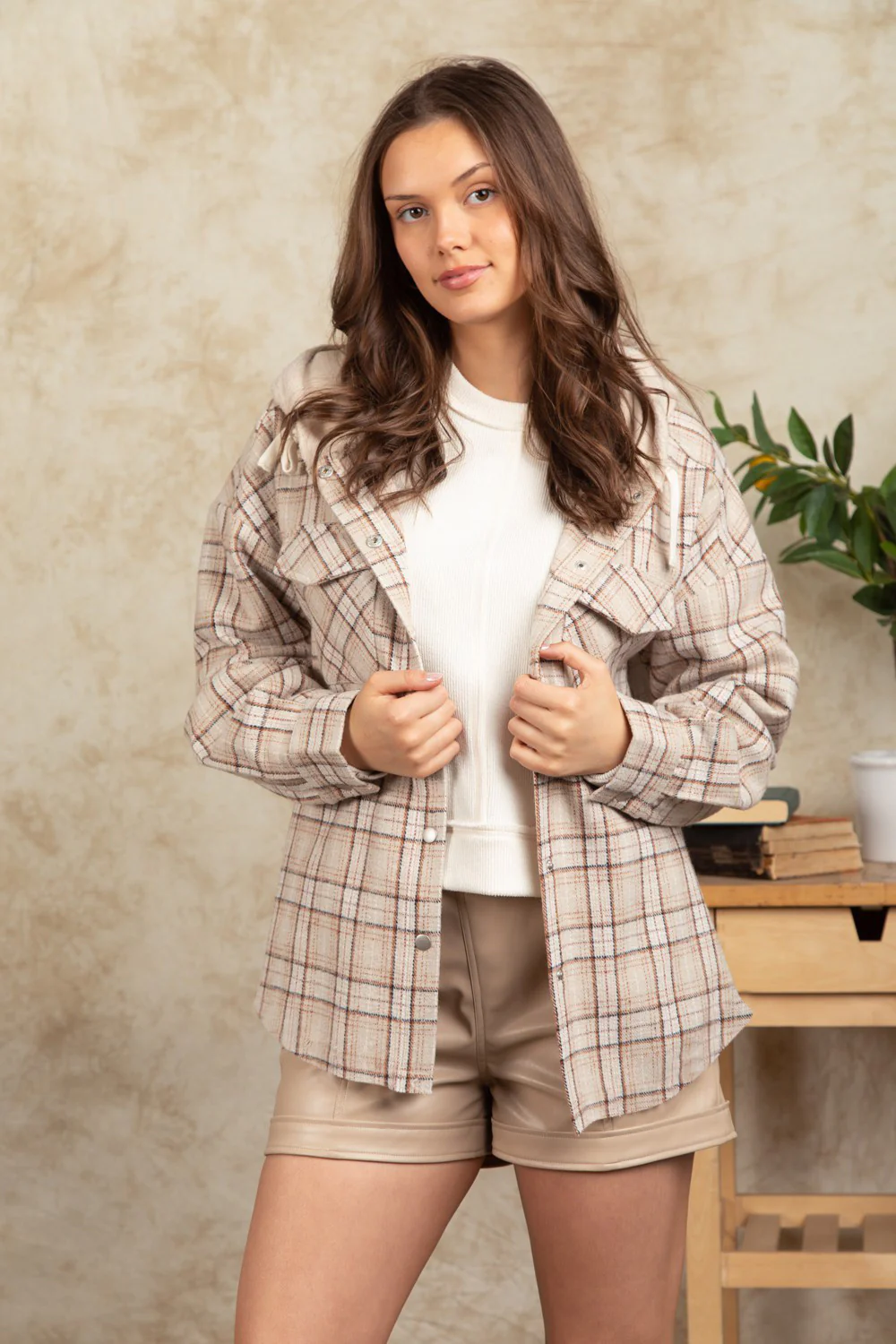 Drawstring Plaid Long Sleeve Hooded Jacket - Image 13