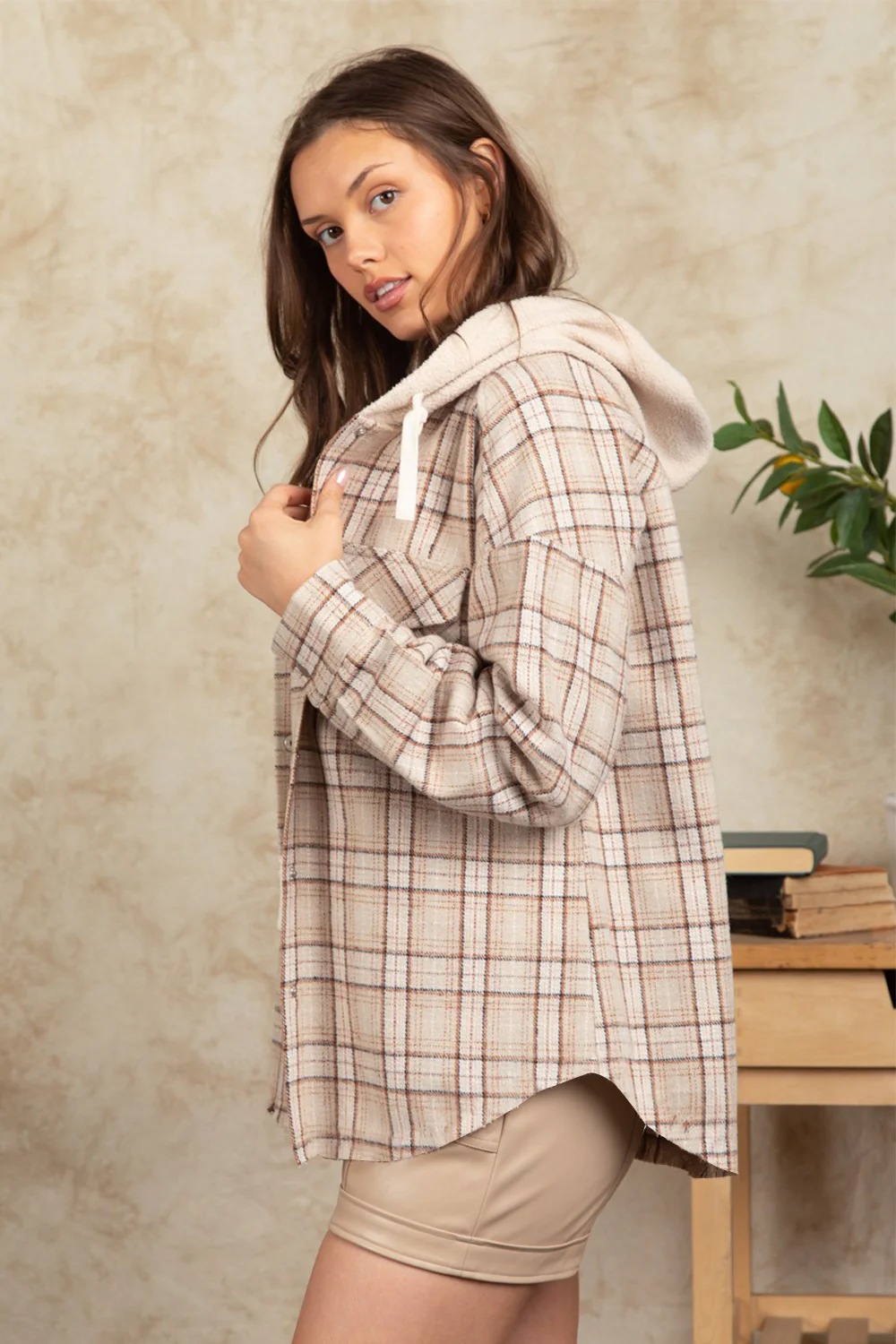 Drawstring Plaid Long Sleeve Hooded Jacket - Image 14