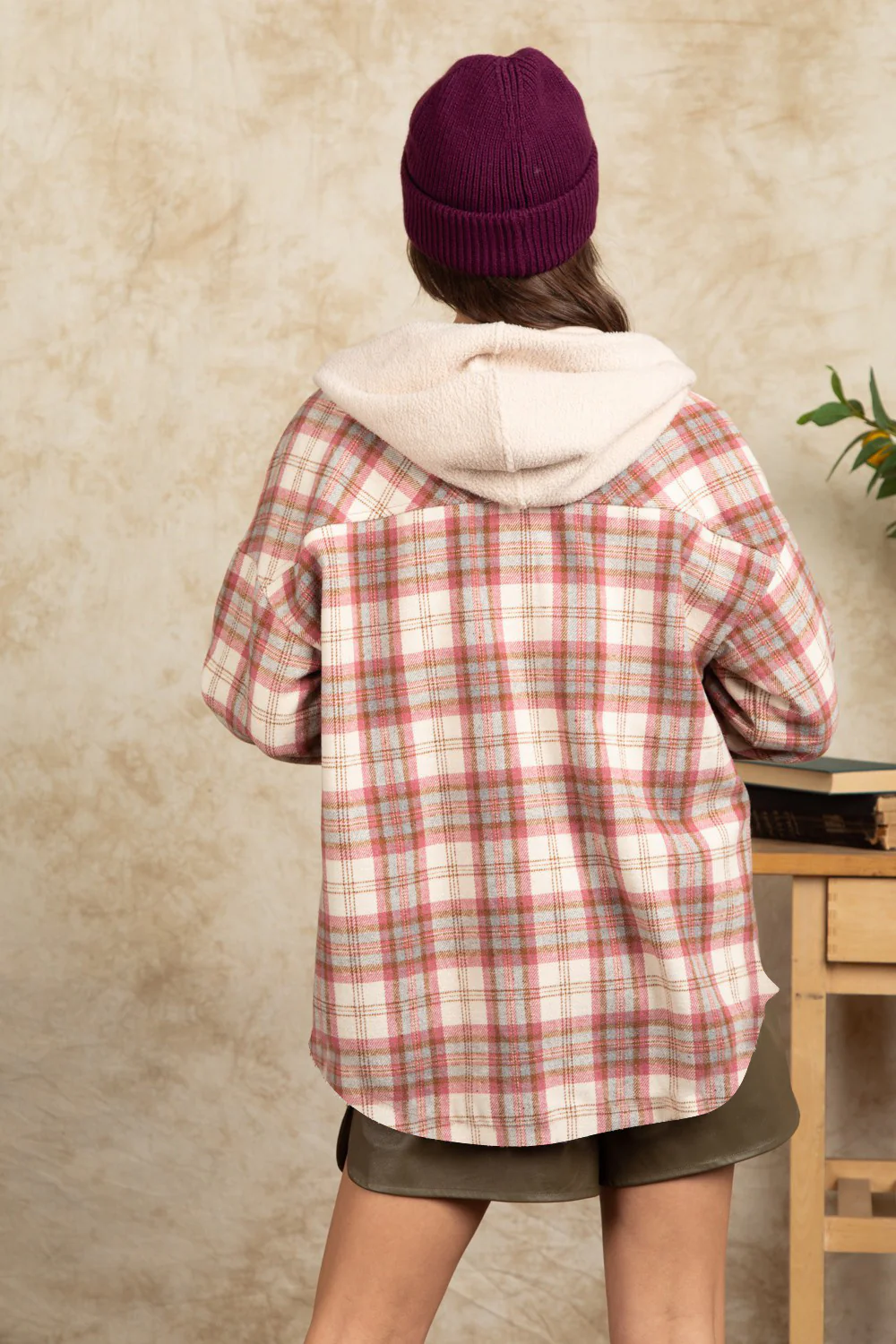 Drawstring Plaid Long Sleeve Hooded Jacket - Image 2