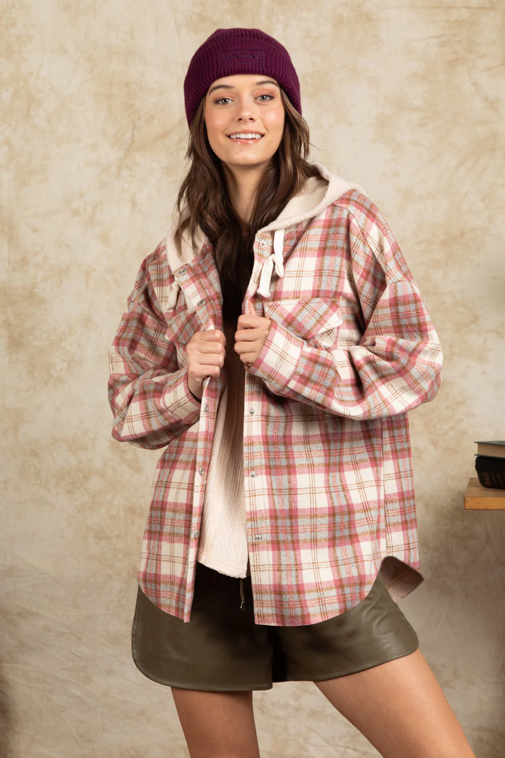 Drawstring Plaid Long Sleeve Hooded Jacket - Image 3