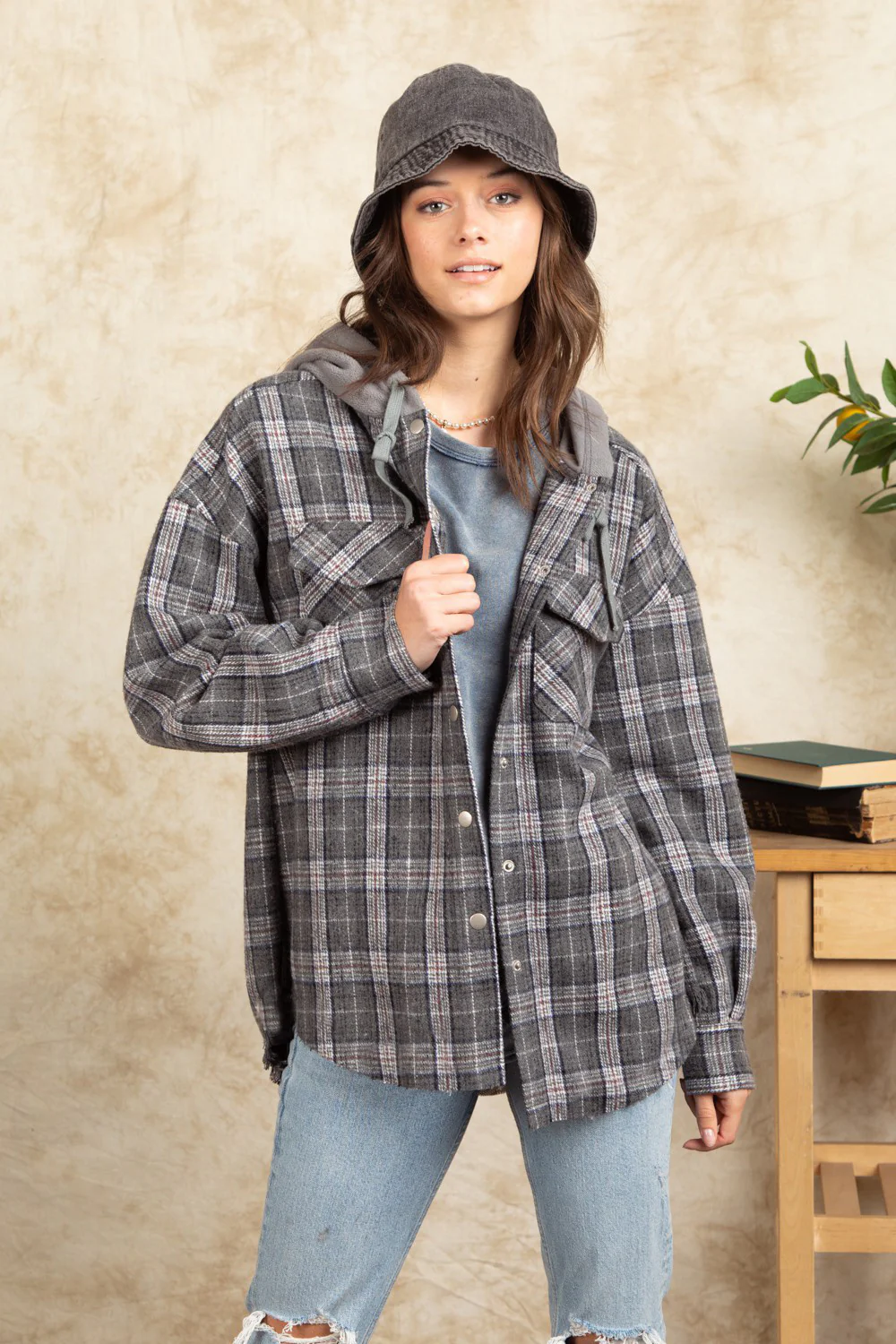 Drawstring Plaid Long Sleeve Hooded Jacket - Image 4
