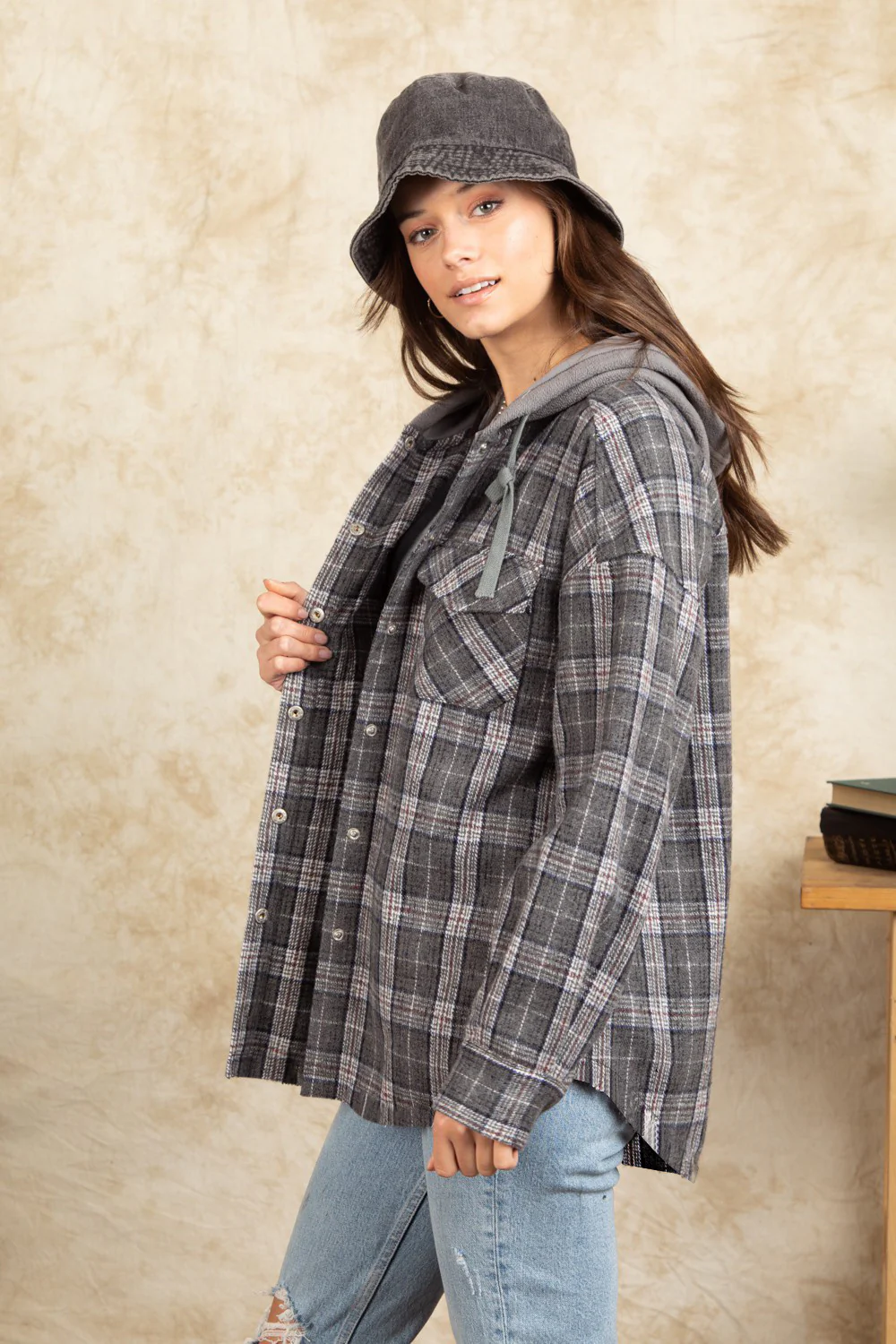 Drawstring Plaid Long Sleeve Hooded Jacket - Image 5