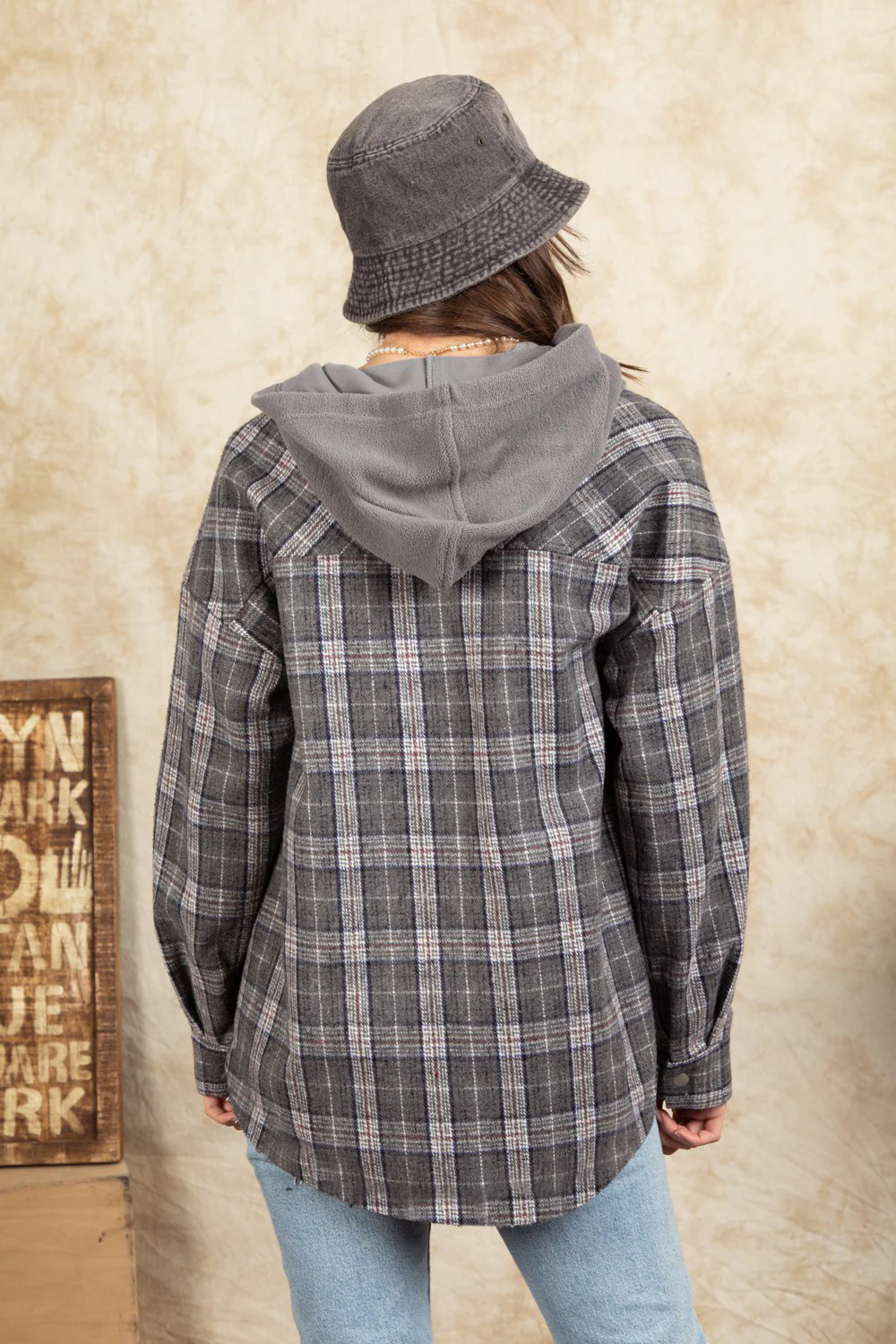 Drawstring Plaid Long Sleeve Hooded Jacket - Image 6