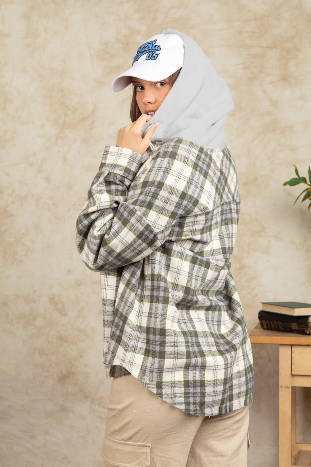 Drawstring Plaid Long Sleeve Hooded Jacket - Image 9