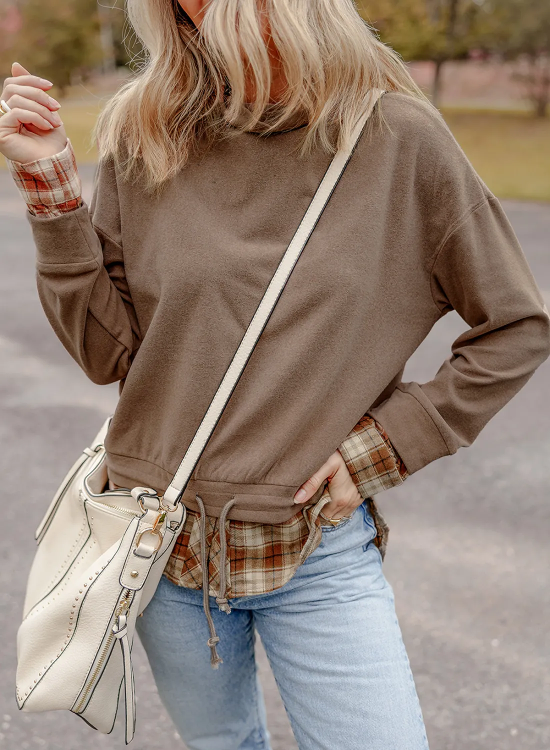 Drawstring Plaid Turtleneck Long Sleeve Top - Image 5