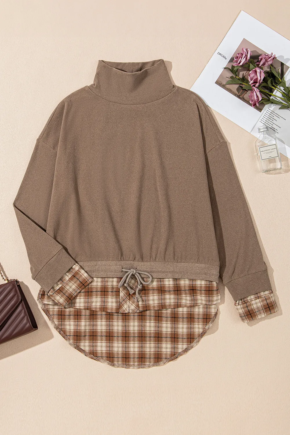 Drawstring Plaid Turtleneck Long Sleeve Top - Image 6