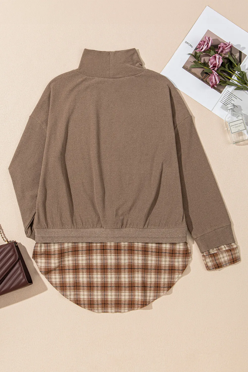 Drawstring Plaid Turtleneck Long Sleeve Top - Image 7