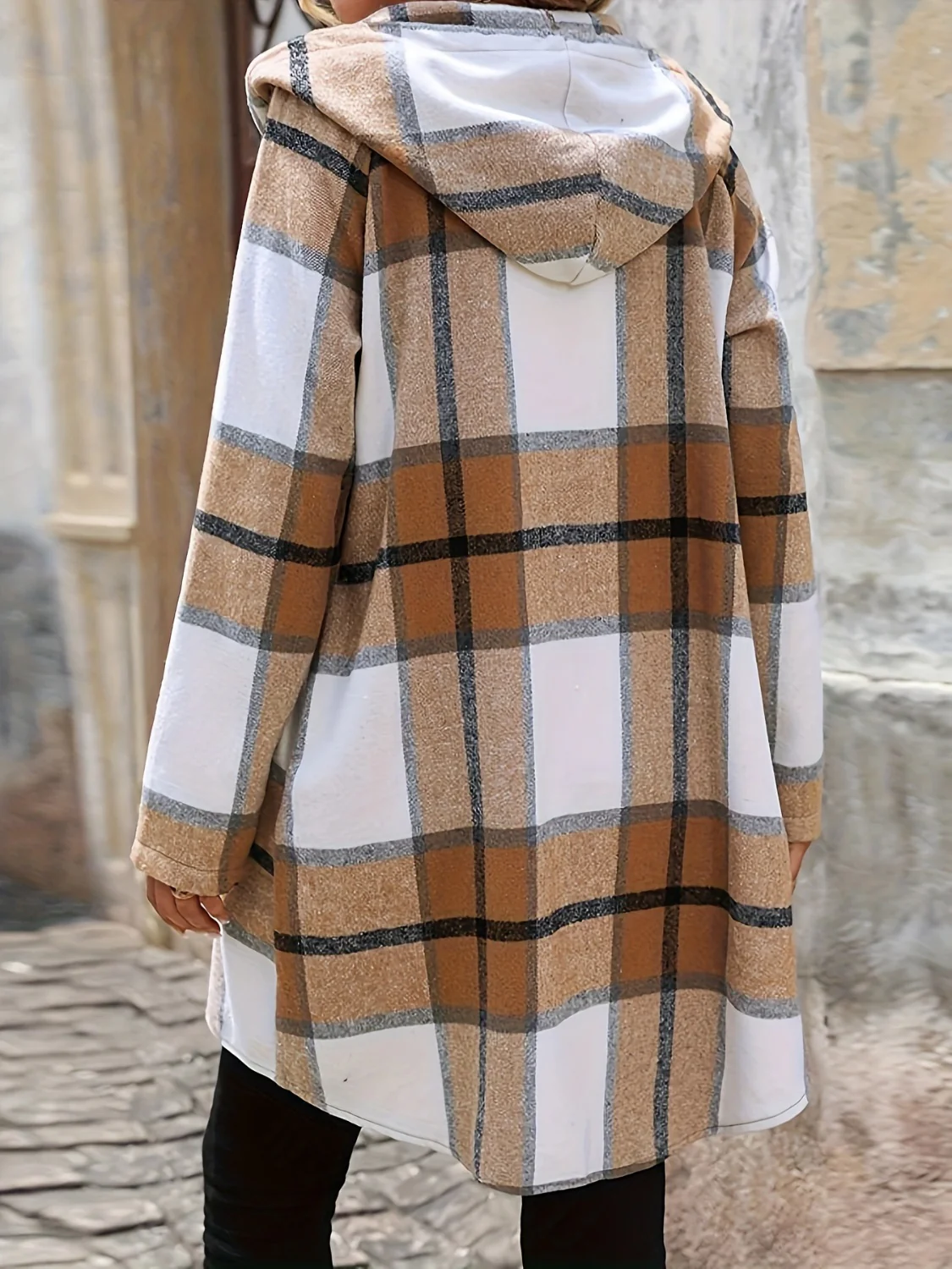 Drawstring Plaid Zip Up Hooded Outerwear - Image 3