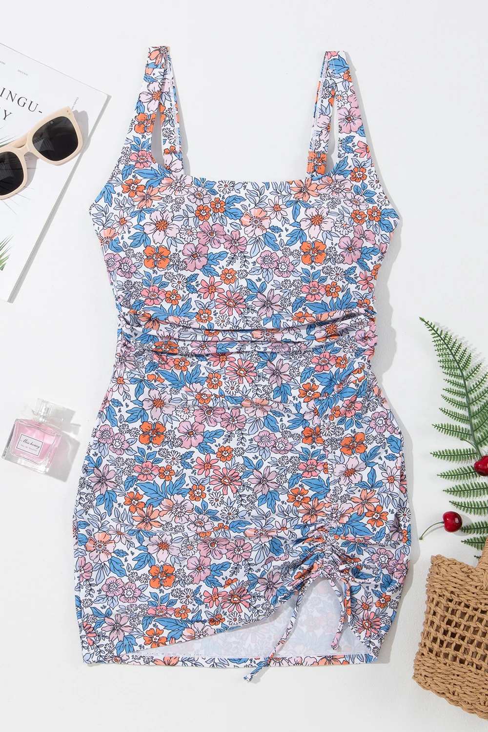 Drawstring Printed Wide Strap Swim Dress - Image 3