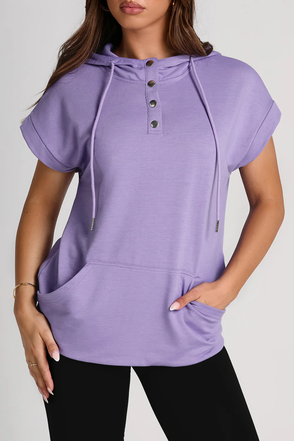 Drawstring Quarter Snap Cap Sleeve Hoodie - Image 15