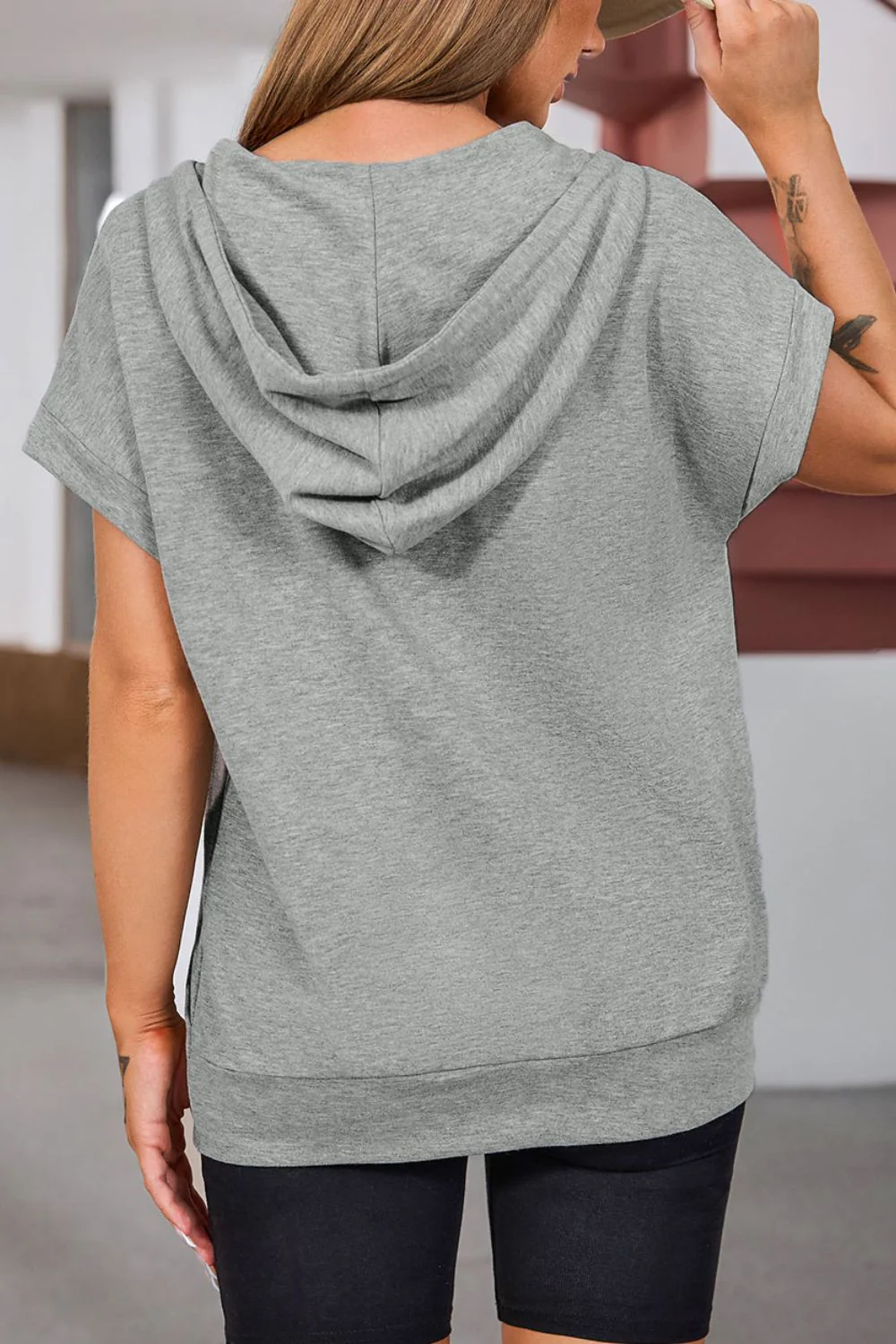 Drawstring Quarter Snap Cap Sleeve Hoodie - Image 6