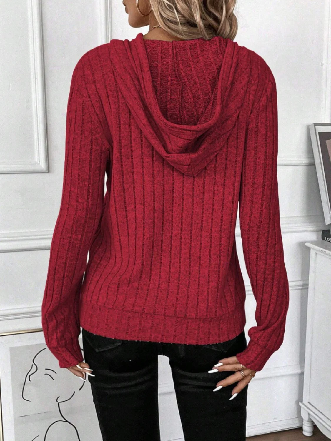 Drawstring Ribbed Long Sleeve Hoodie - Image 2