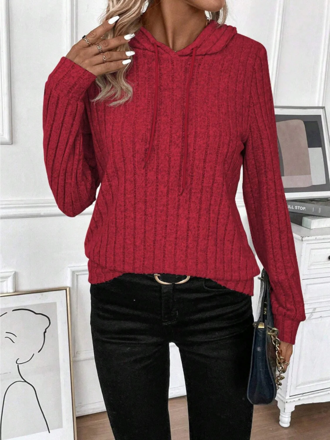 Drawstring Ribbed Long Sleeve Hoodie - Image 3