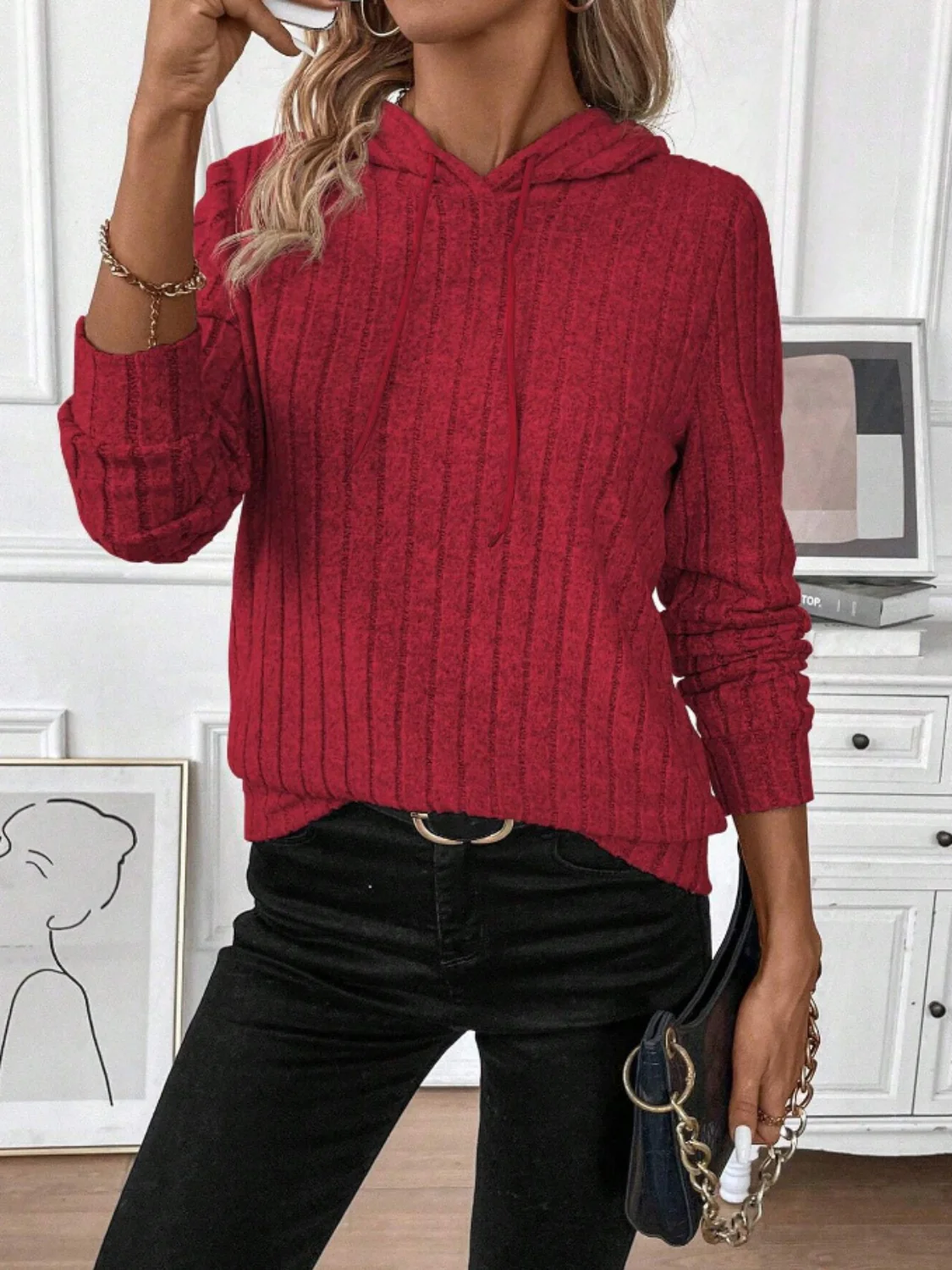 Drawstring Ribbed Long Sleeve Hoodie - Image 4