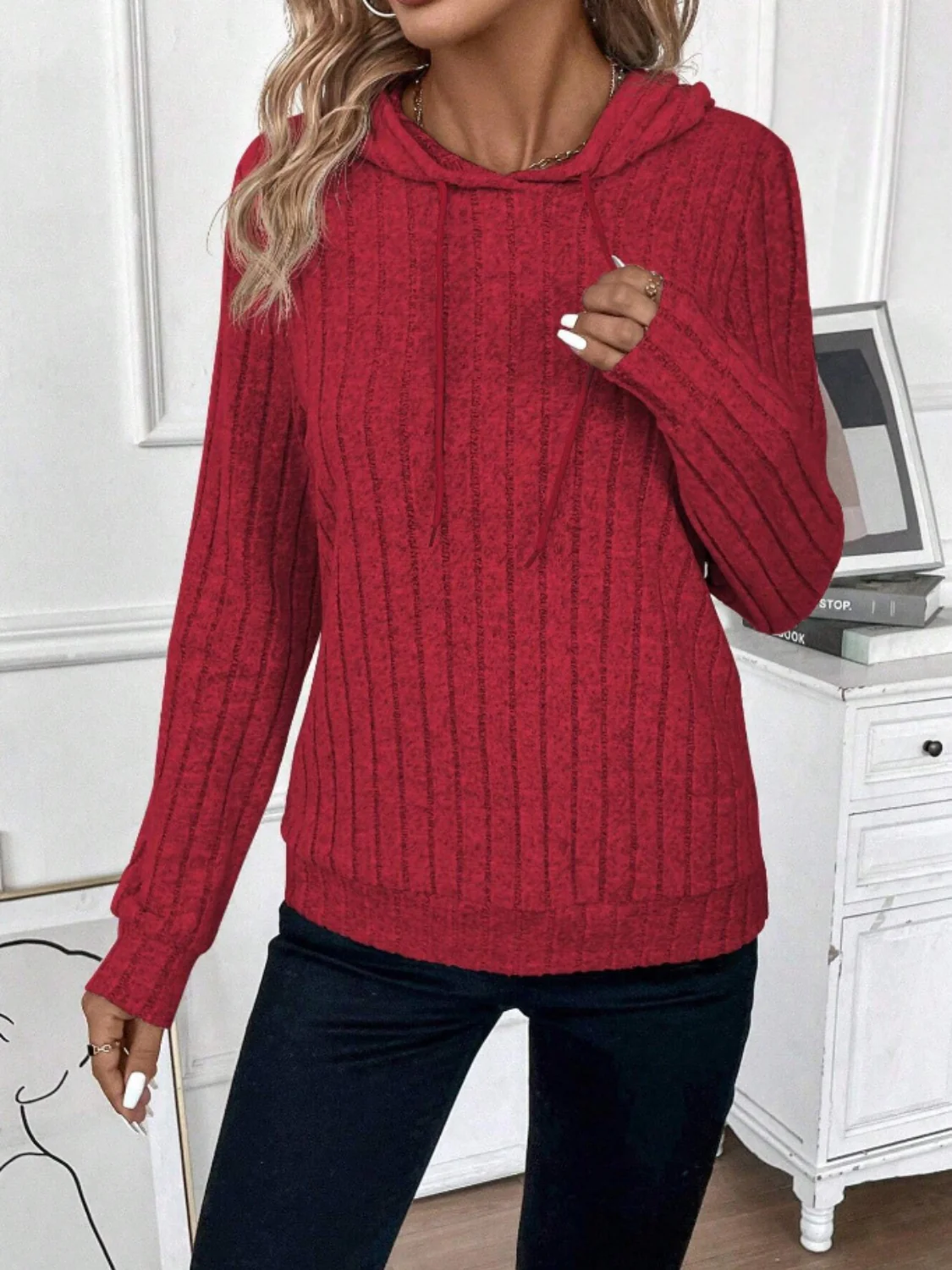 Drawstring Ribbed Long Sleeve Hoodie - Image 5