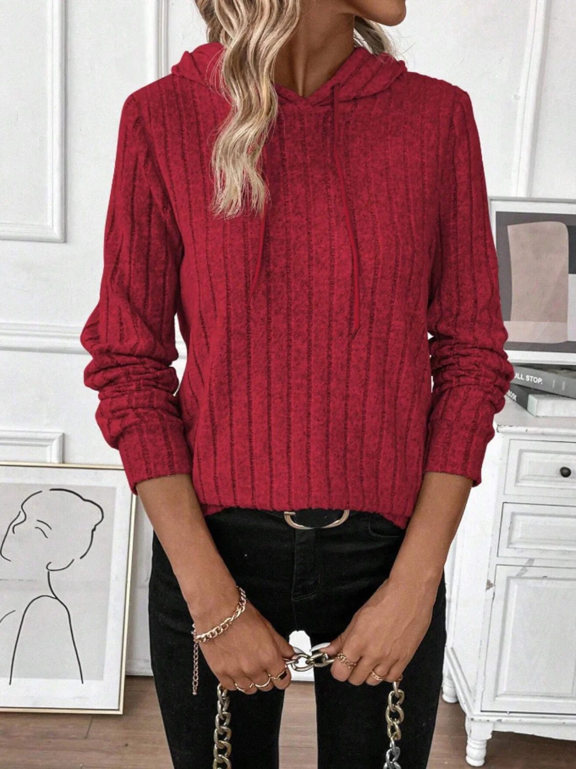 Drawstring Ribbed Long Sleeve Hoodie - Image 6