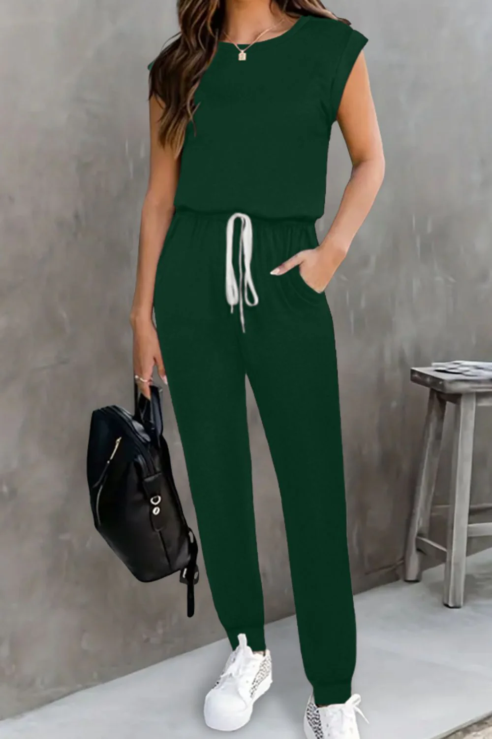 Drawstring Round Neck Sleeveless Jumpsuit - Image 12