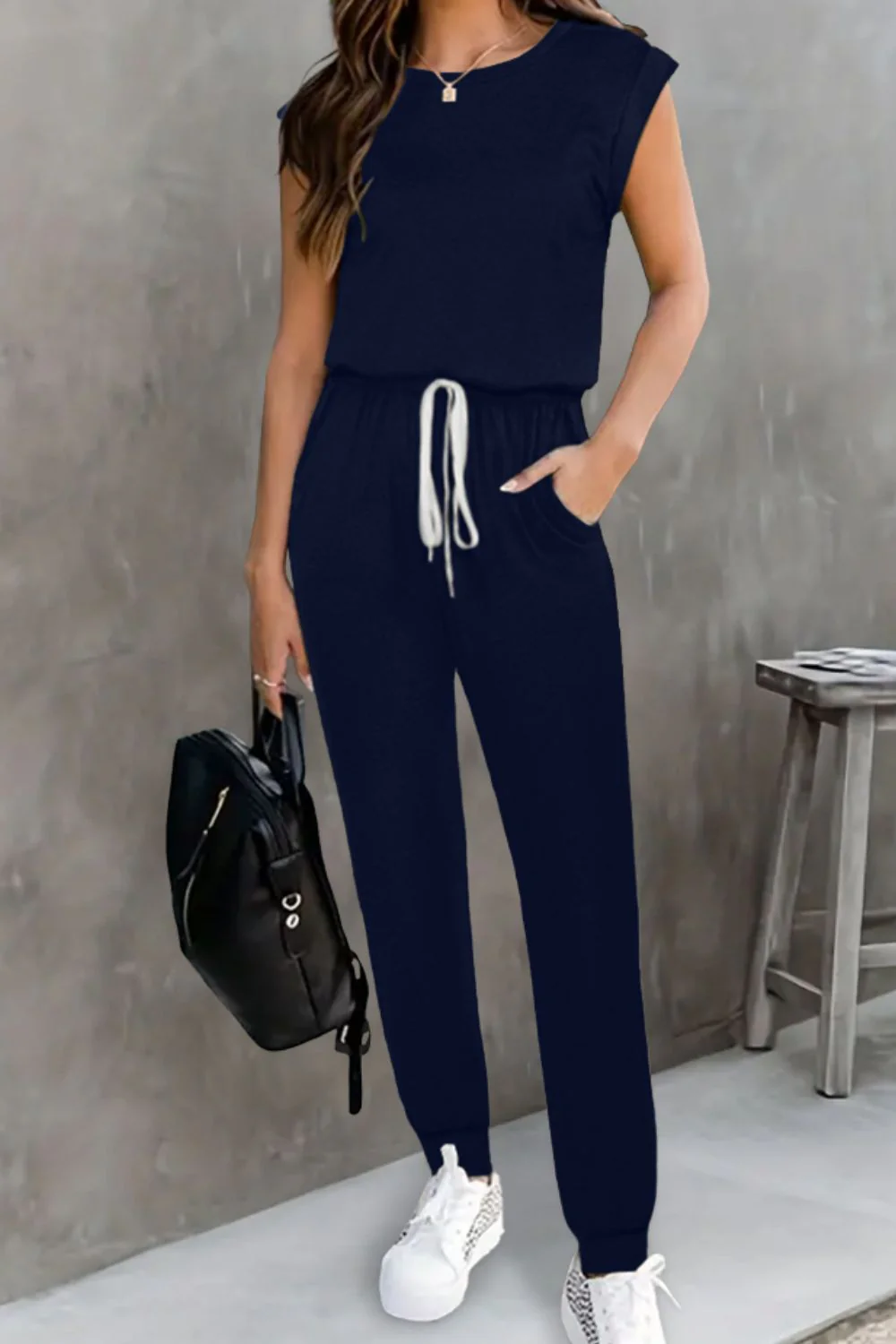 Drawstring Round Neck Sleeveless Jumpsuit - Image 5